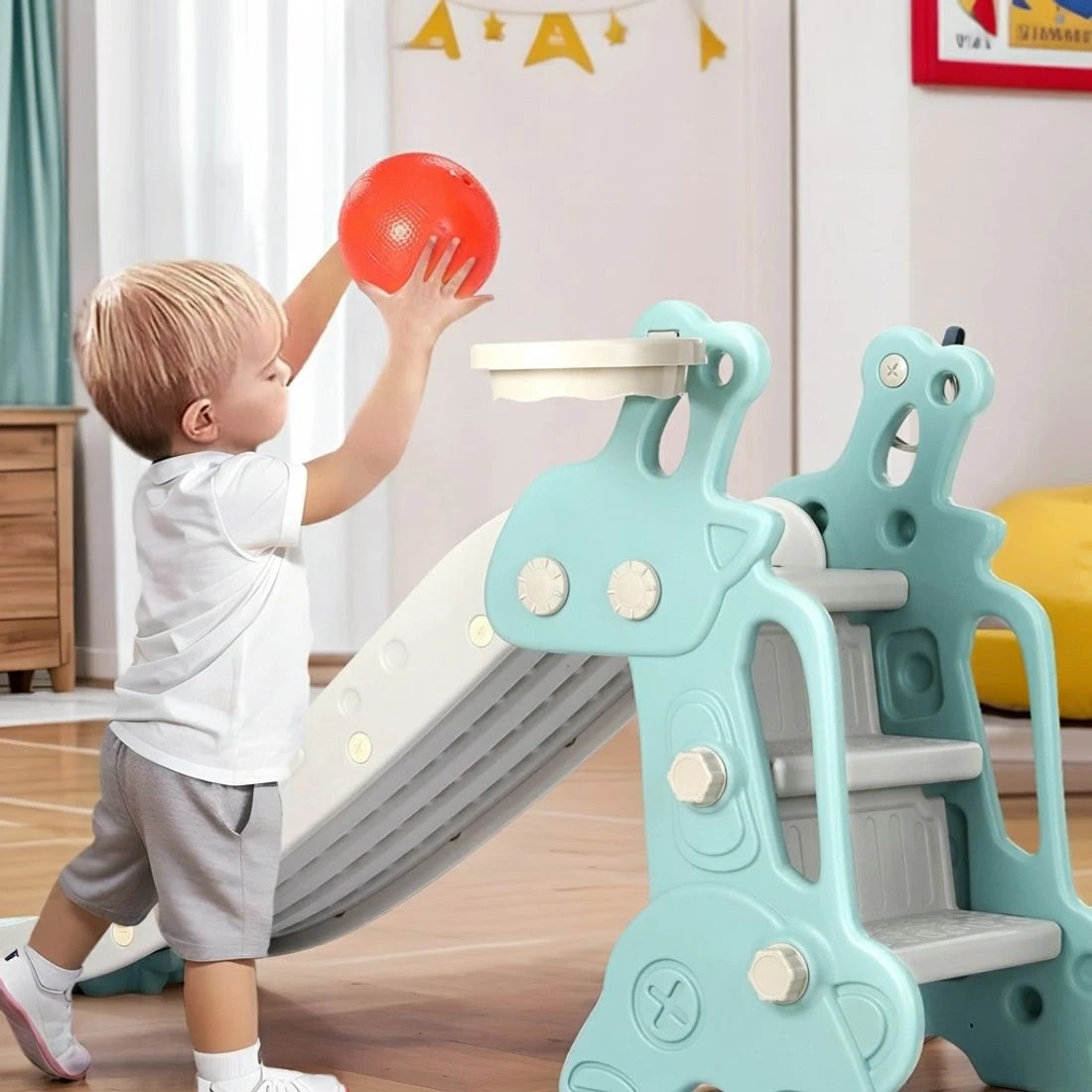 4 Keezi Kids Slide Set Basketball Hoop Ring Outdoor Playground Toy Deer 140cm - Blue, 4 of 5