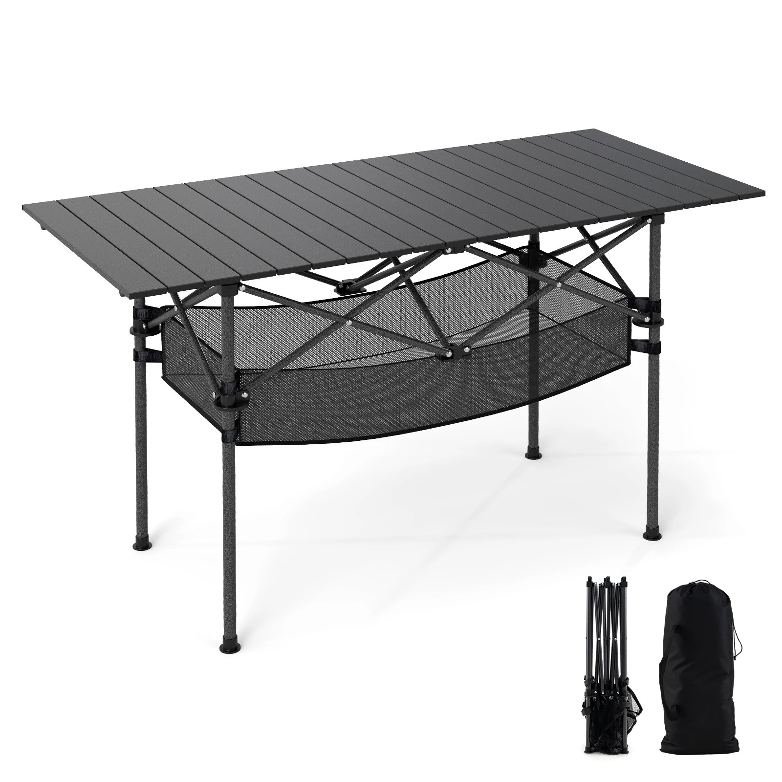 1 Costway Patio Folding Camping Table Aluminum Roll-up Picnic Table w/Portable Carry Bag - Black, 1 of 3