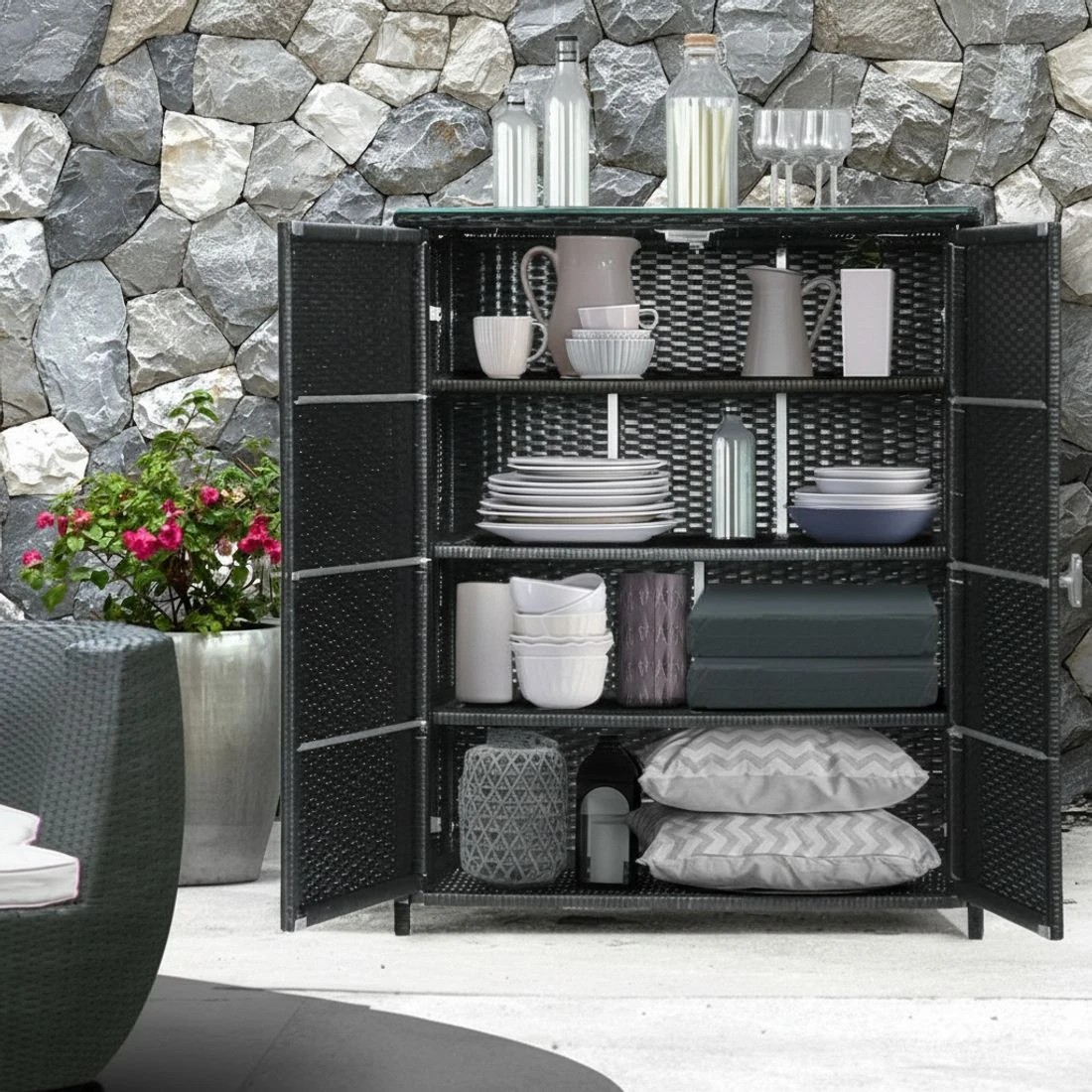 7 Gardeon Outdoor Storage Cabinet Box Garage Wicker Shelf Chest Garden Shed Tools - Black, 7 of 8