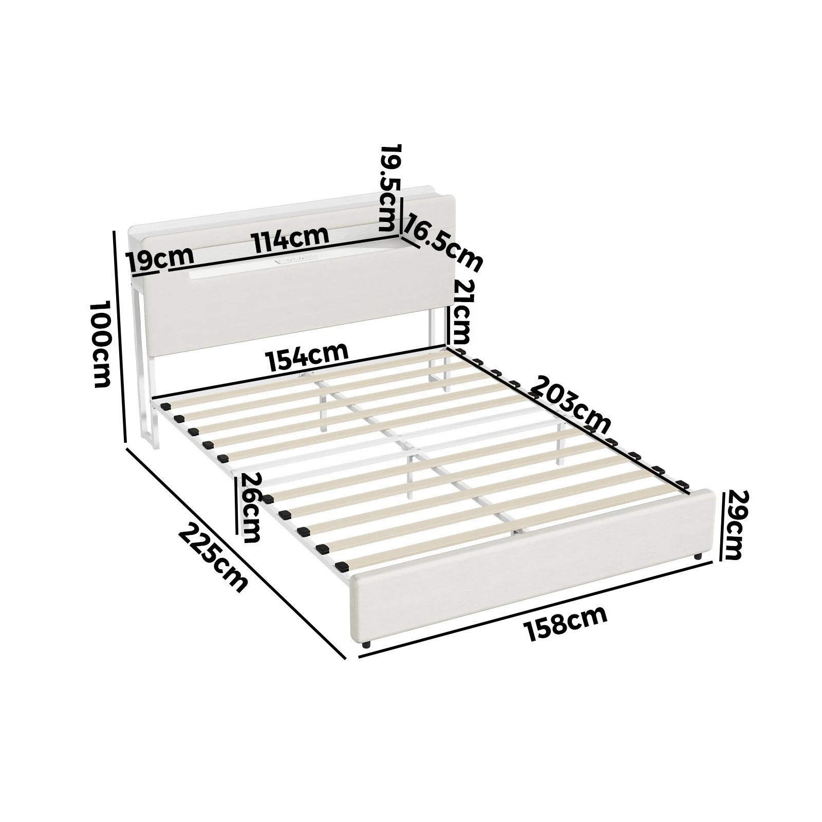 2 Oikiture Bed Frame Queen Size with LED Lights USB Charging Storage Headboad - White, 2 of 8