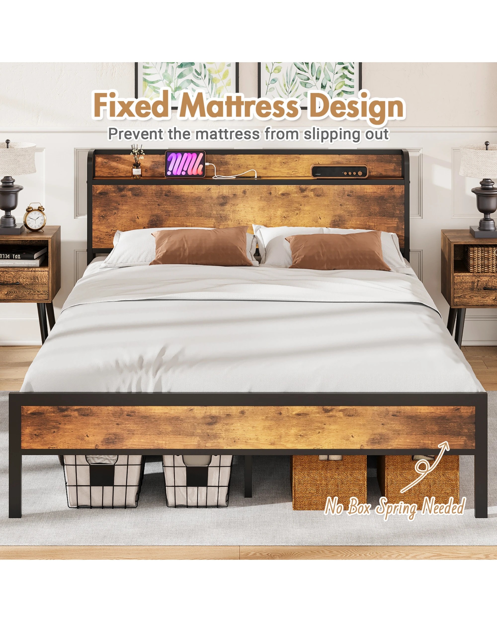 6 Advwin Double Metal Bed Frame Storage Headboard With Charging Station USB Ports, 6 of 8