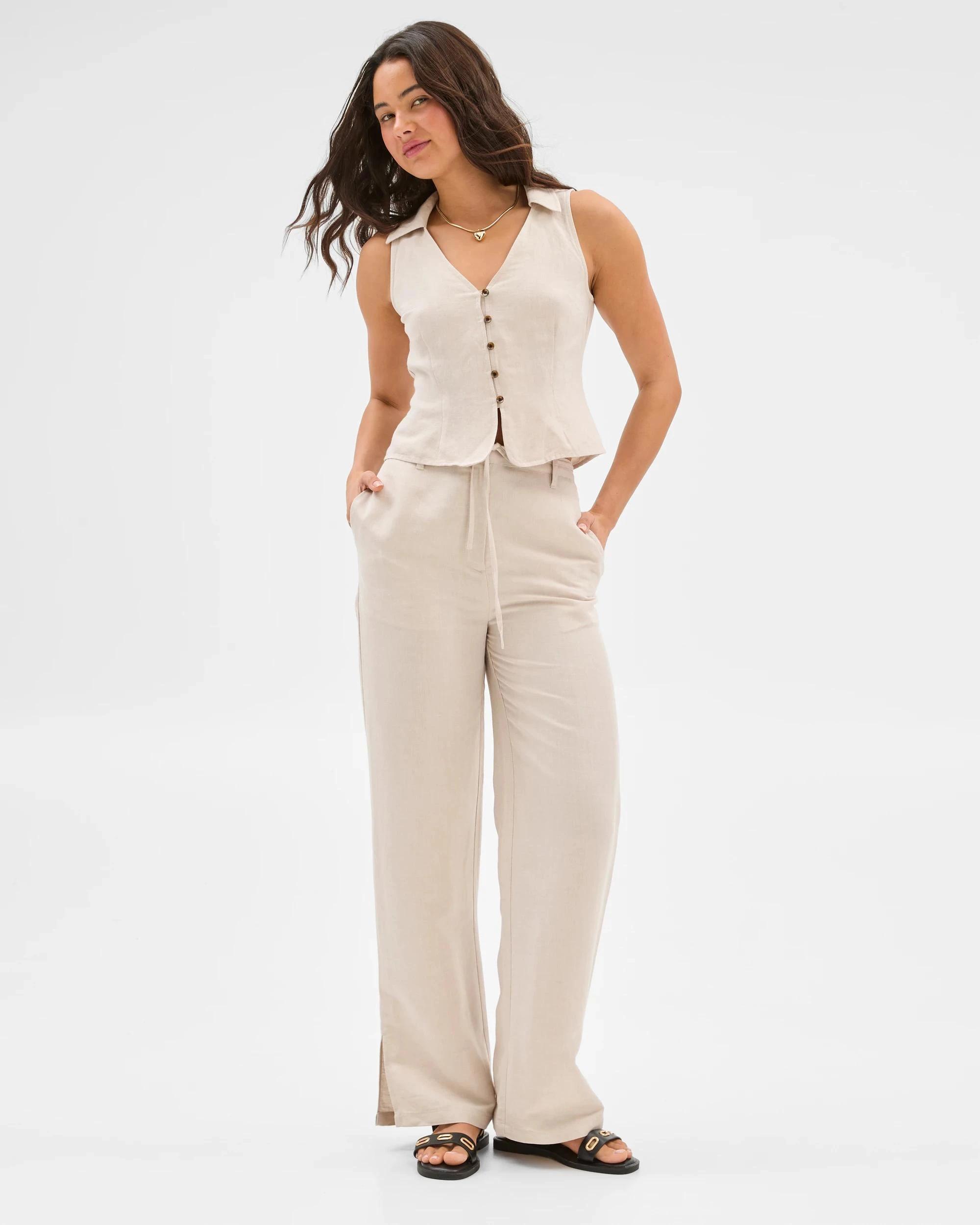 6 European Linen Blend Tie Detail Pants - Lily Loves NATURAL, 6 of 6