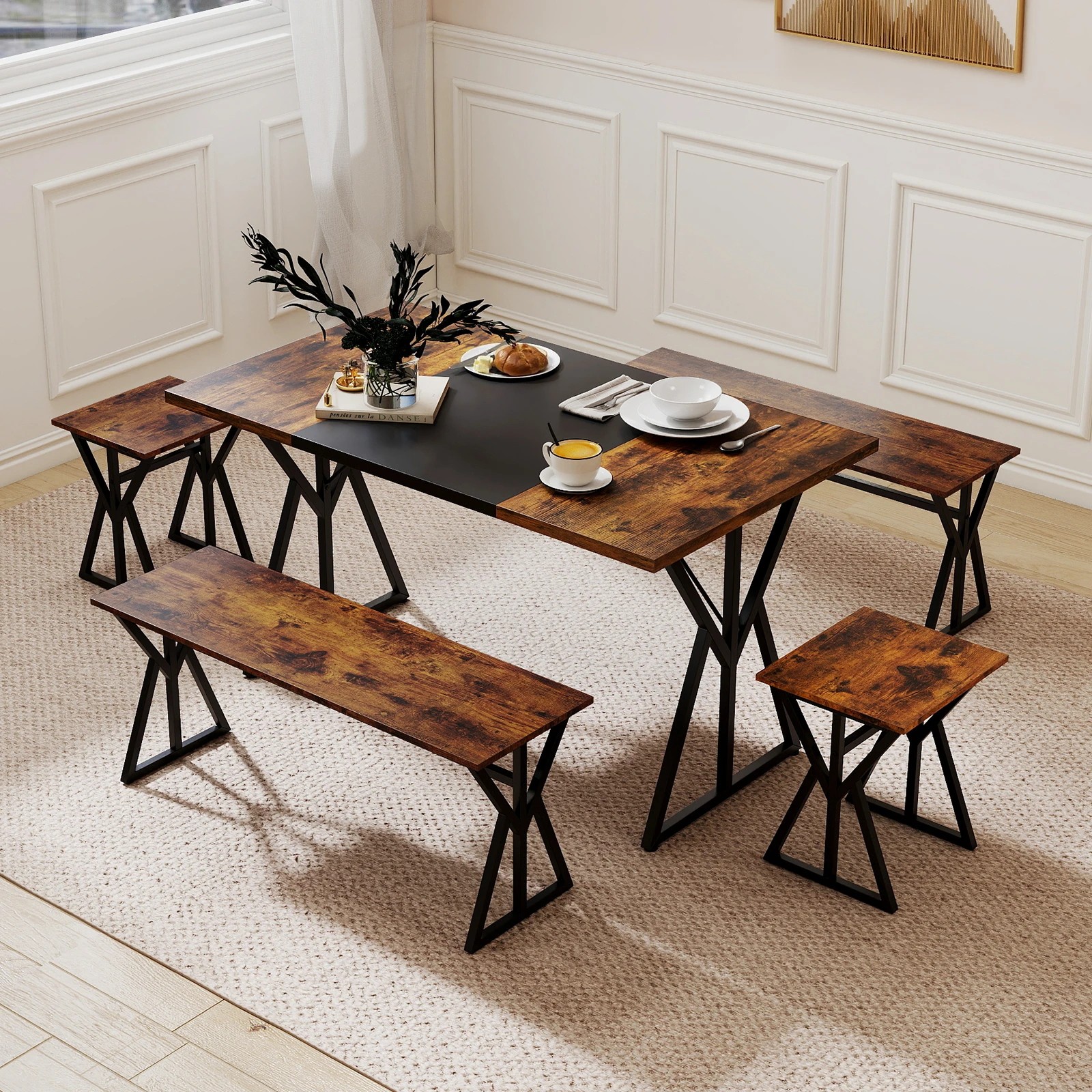 3 Costway 5PCS Dining Set Rectangular Kitchen Table w/2 Benches & 2 Stools Metal Frame - Brown, 3 of 4