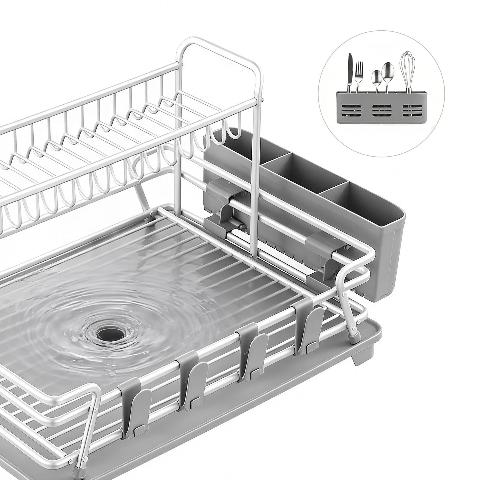 6 Ausway 2 Tier Kitchen Dish Drainer Rack with Drain Tray Countertop Organiser, 6 of 7