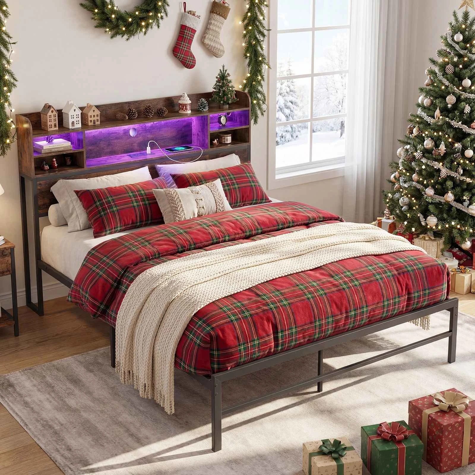 3 Costway Queen Size LED Bed Frame Metal Platform Bed Base w/Charging Ports Storage Shelf, 3 of 4