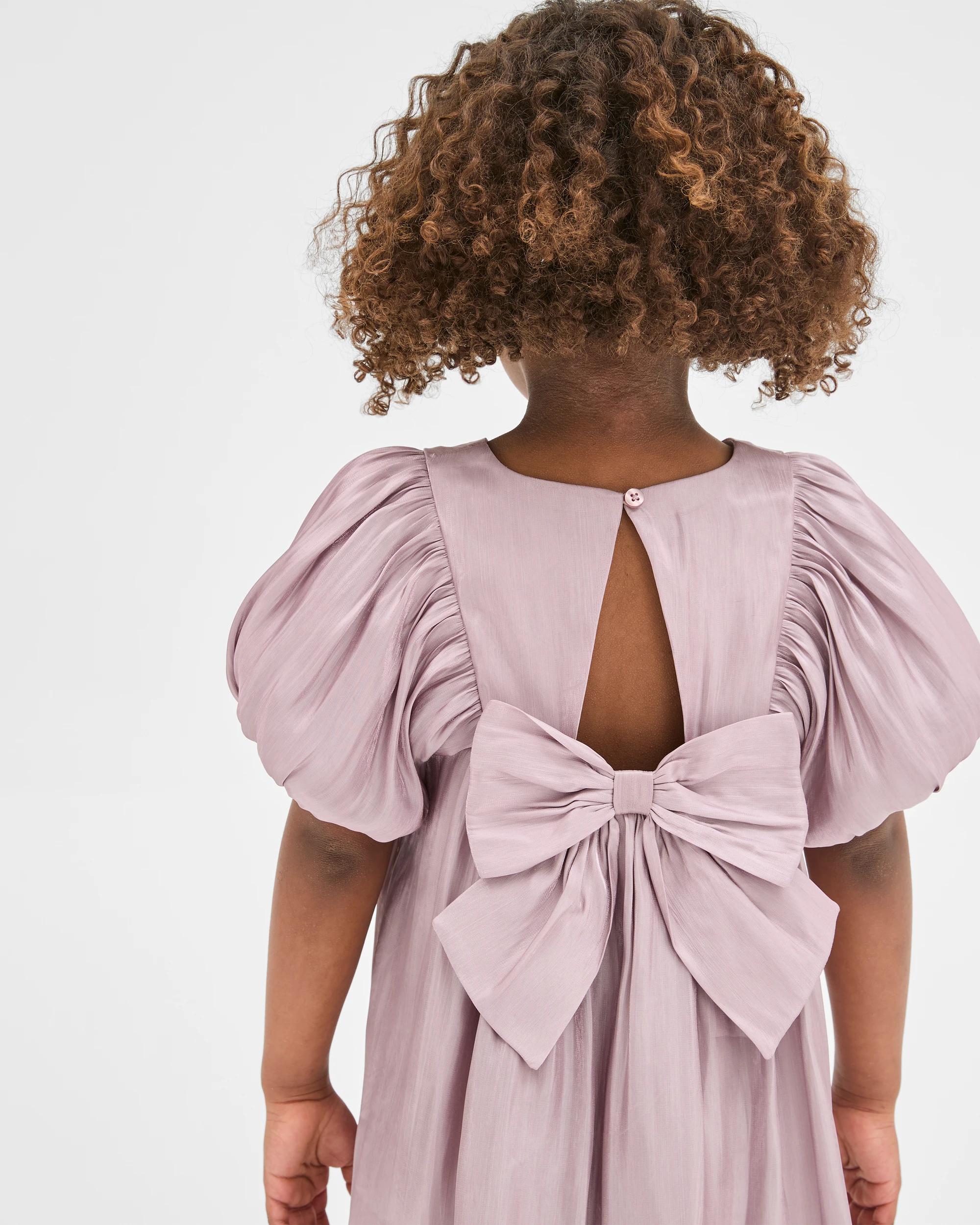2 Target Kids Satin Puff Sleeve Bow Detail Occasion Dress PURPLE, 2 of 8