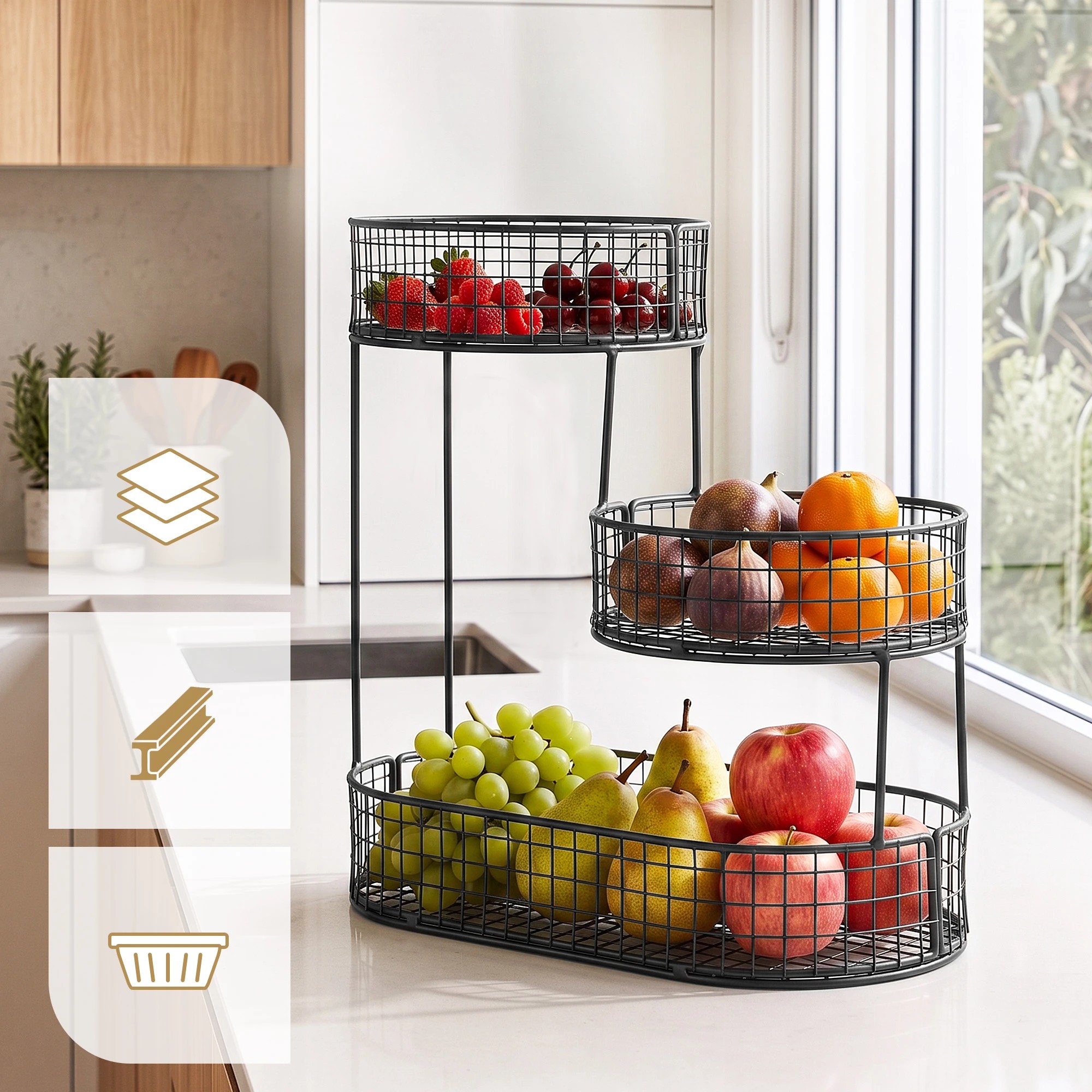 5 5-Star Chef 3 Tier Fruit Basket Bowl Space Saving Kitchen Food Storage Organiser - Black, 5 of 7