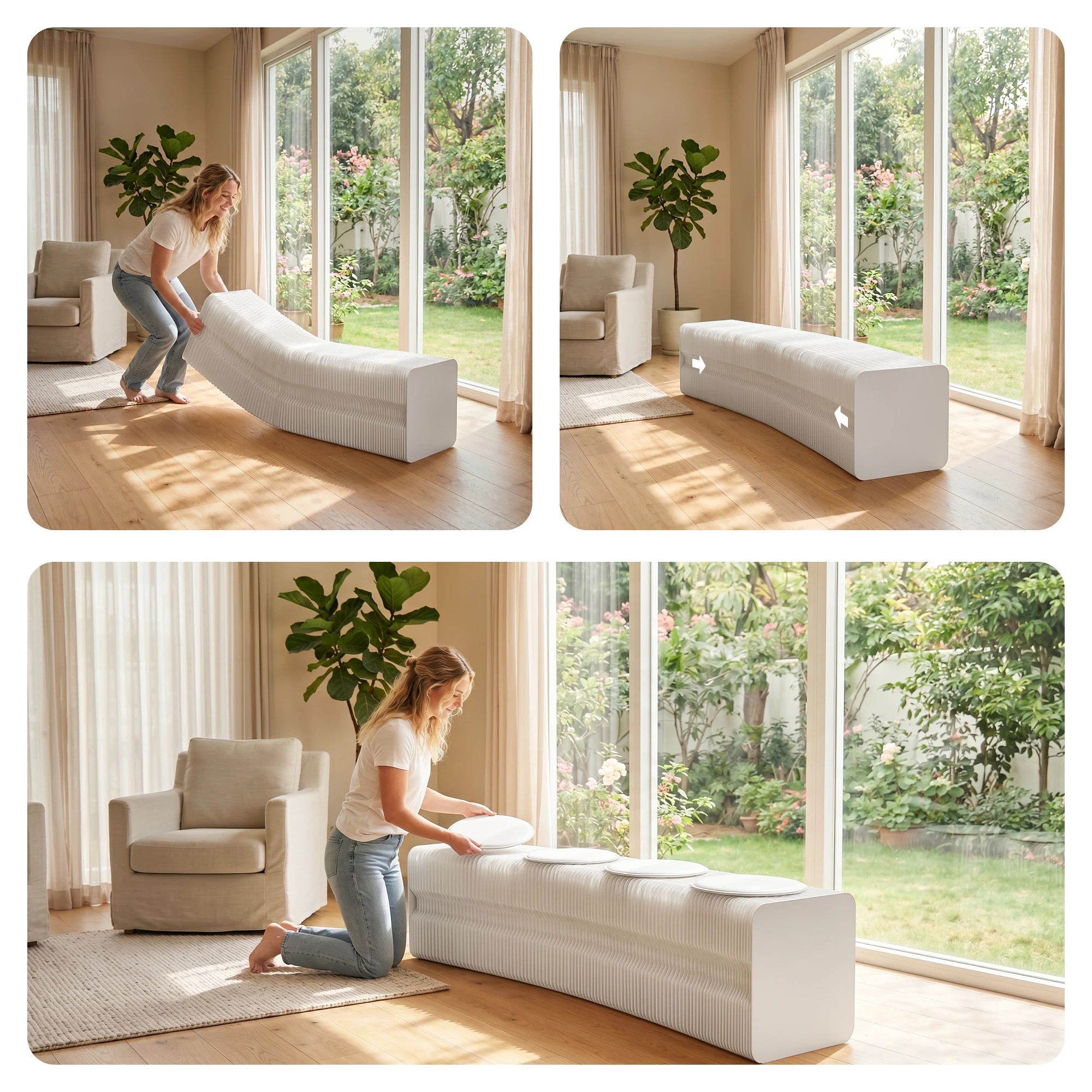 5 Artiss Folding Paper Bench With 4 PU Leather Seat Pads Expandable Accordion Stool For 4 Seats - White, 5 of 10