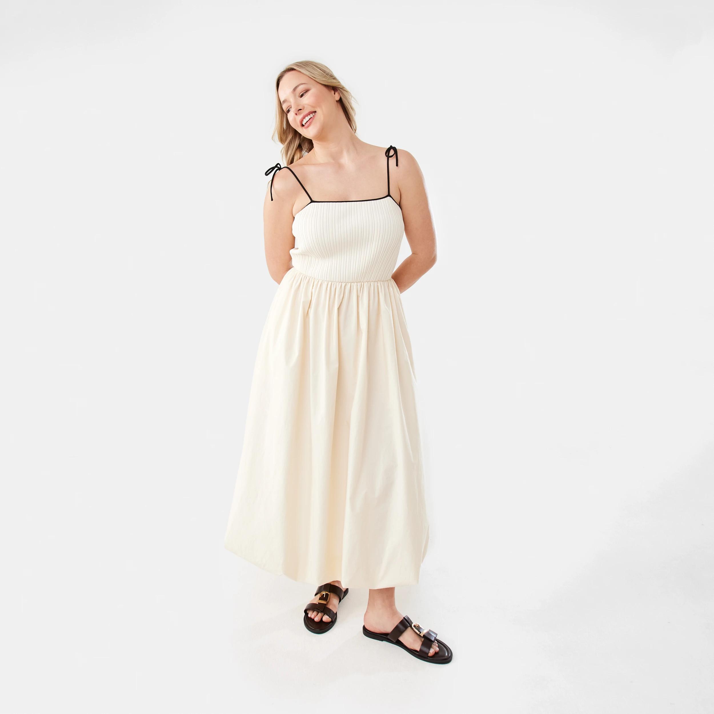 1 Sleeveless Knit Woven Bubble Hem Midi Dress Nat Beige, 1 of 11