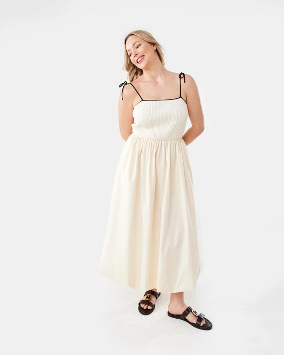 Sleeveless Knit Woven Bubble Hem Midi Dress