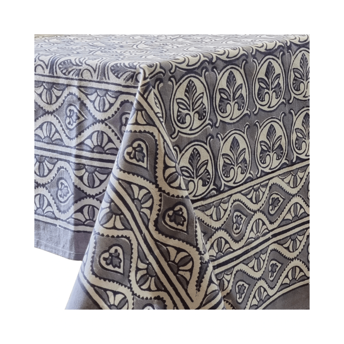 1 Kolka Lotus Handle Block-Printed Simple Dining Table Tablecloth - Grey, 1 of 7