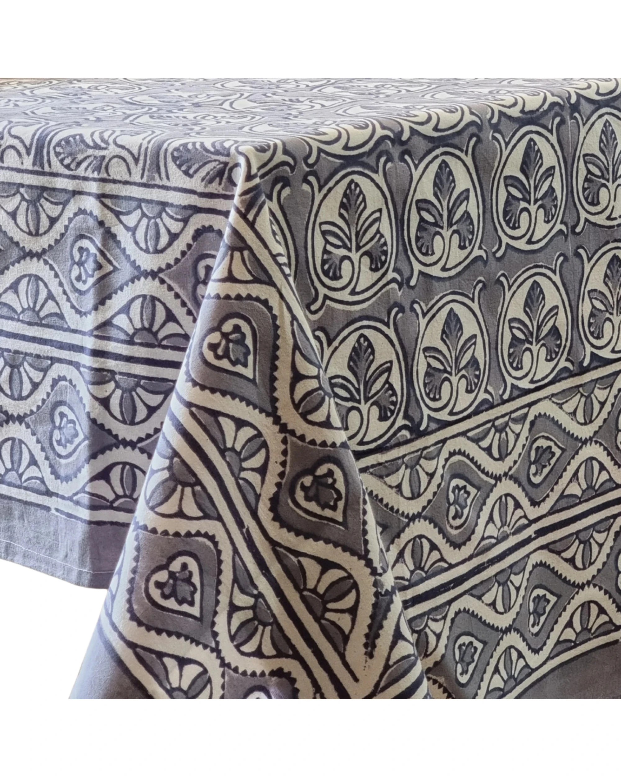 1 Kolka Lotus Handle Block-Printed Simple Dining Table Tablecloth - Grey, 1 of 6