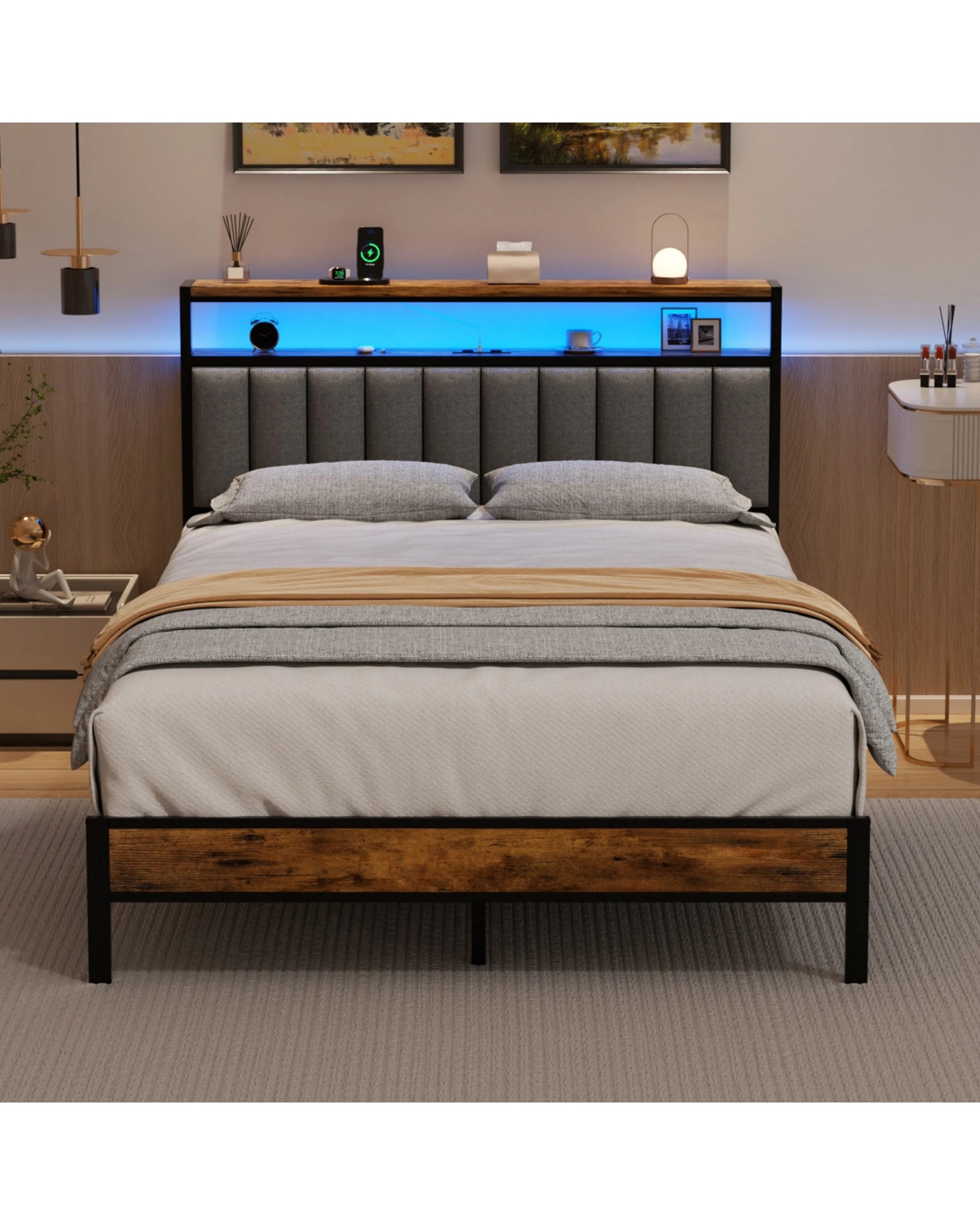 7 Advwin Queen Bed Frame with RGB LED and Charging Station - Grey, 7 of 8