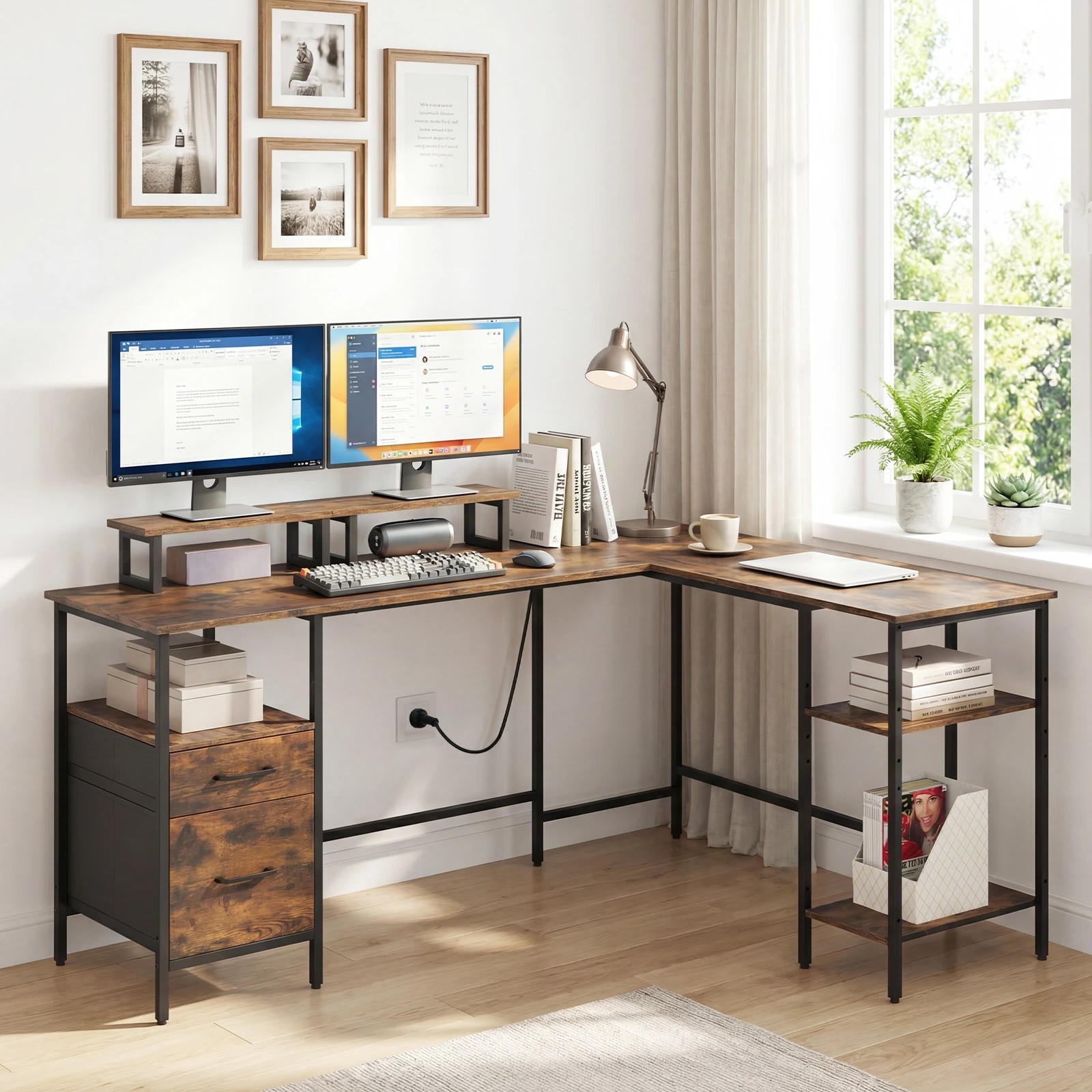 3 Costway L-shaped Home Office Desk w/Power Outlets Reversible Computer Desk, 3 of 5