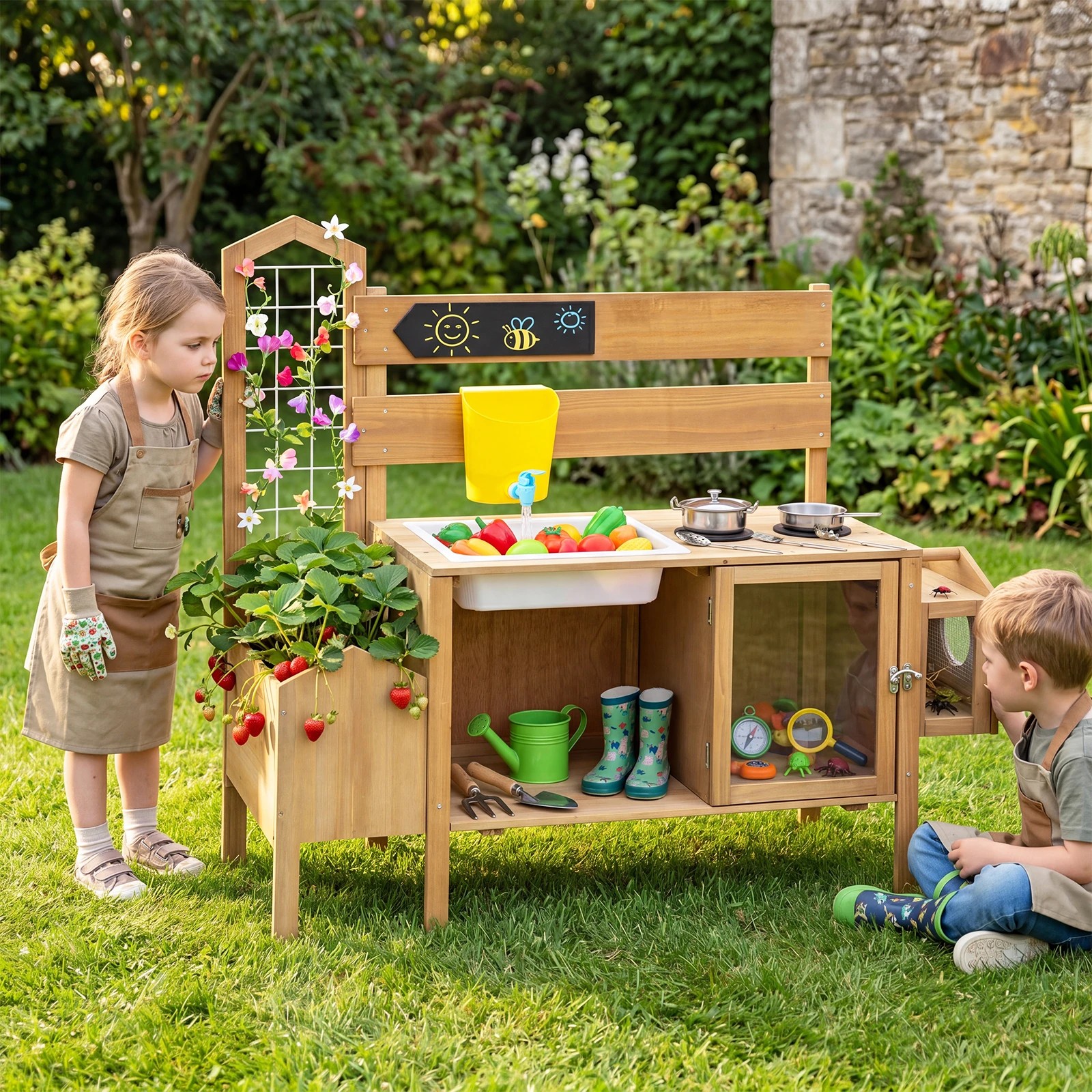 4 Costway Mud Kitchen Pretend Play Kitchen Outdoor Wooden Playset Detachable Bird Cage - Natural, 4 of 4
