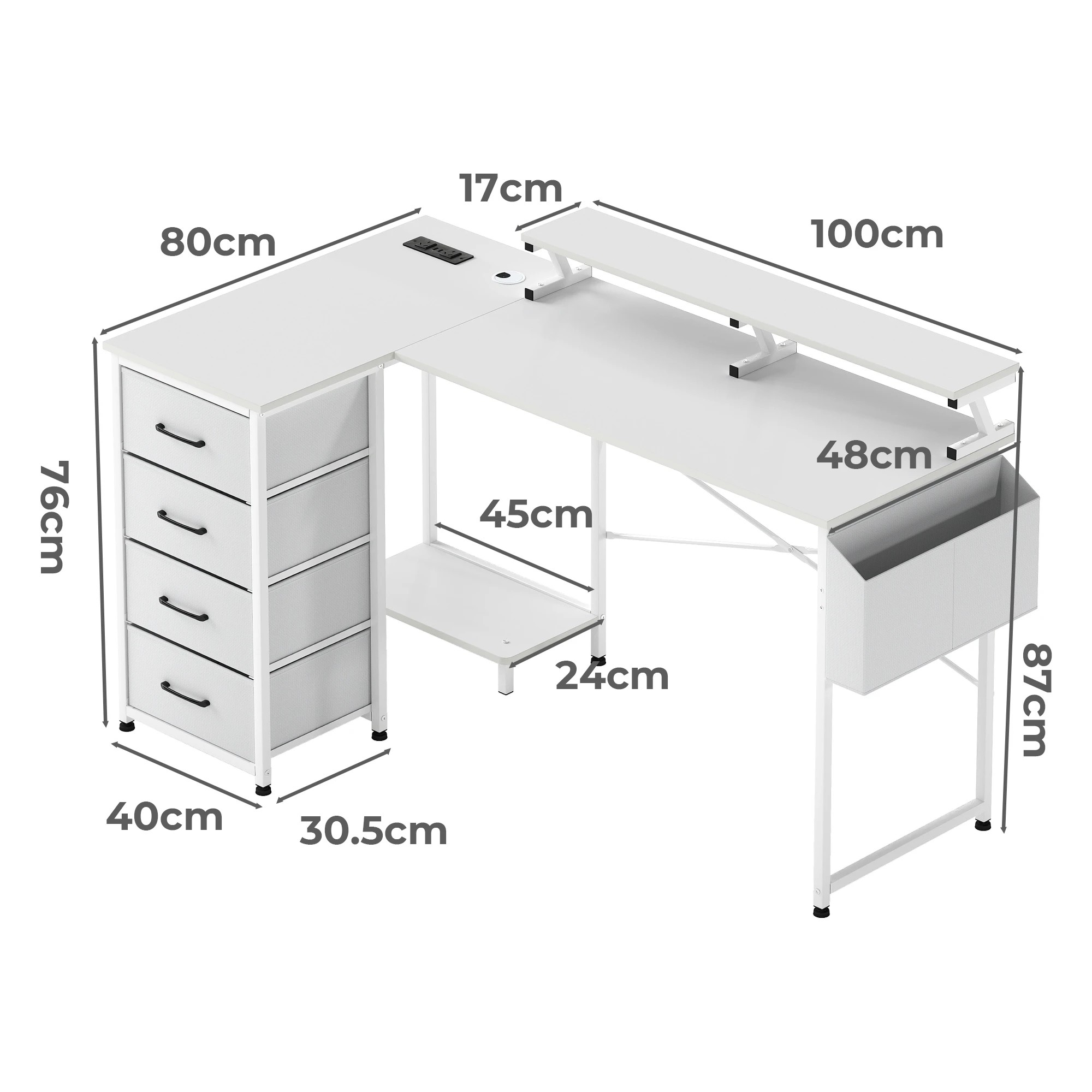 3 Levede L Shaped Gaming Desk with LED Storage Drawers Power Outlet - White, 3 of 9