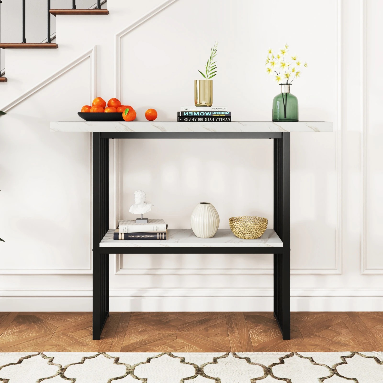 2 Costway 2-Tier Console Table Faux Marble Sofa Table Entry Hallway Display Shelf, 2 of 2