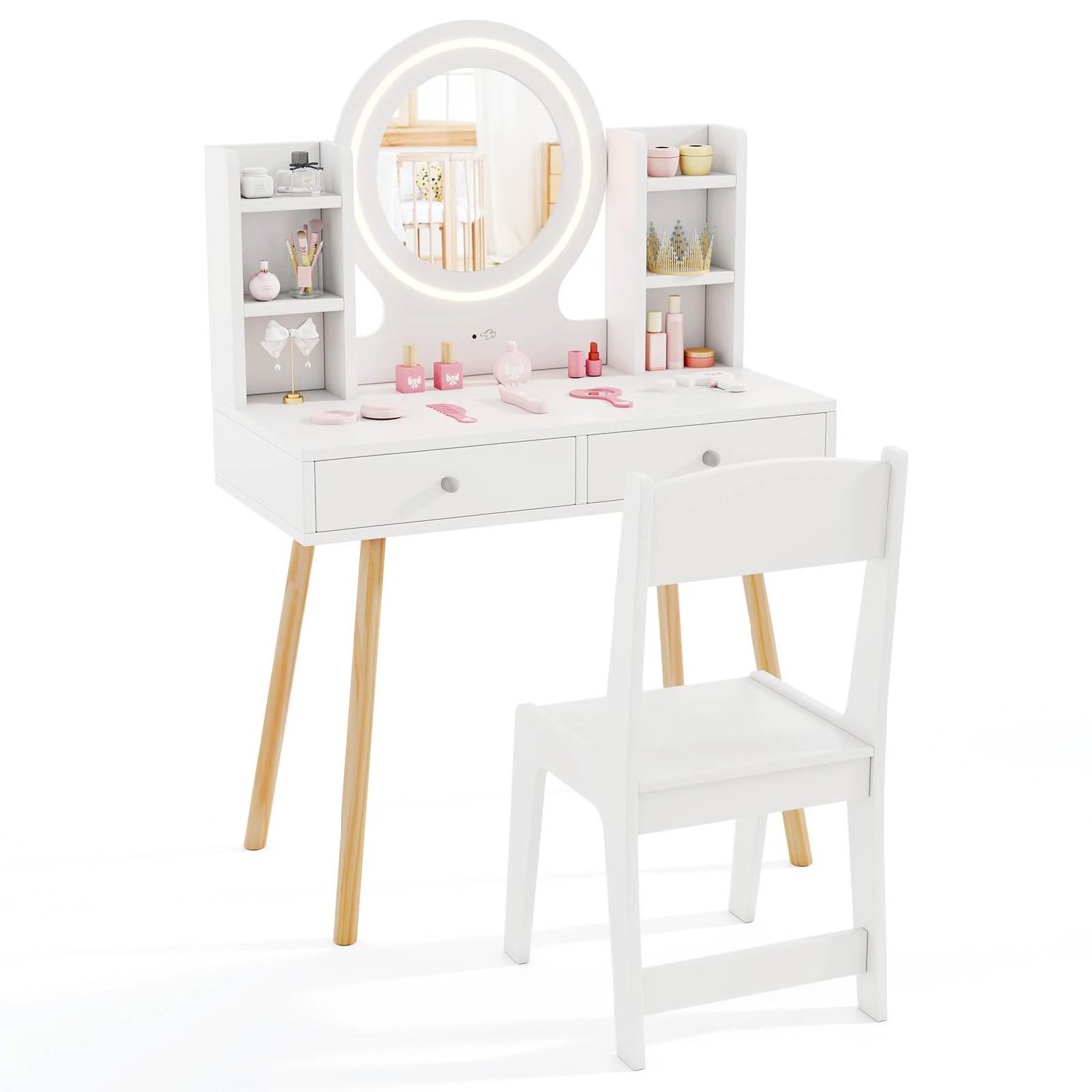 1 Costway Kids Vanity Dressing Table & Chair Set White, 1 of 4