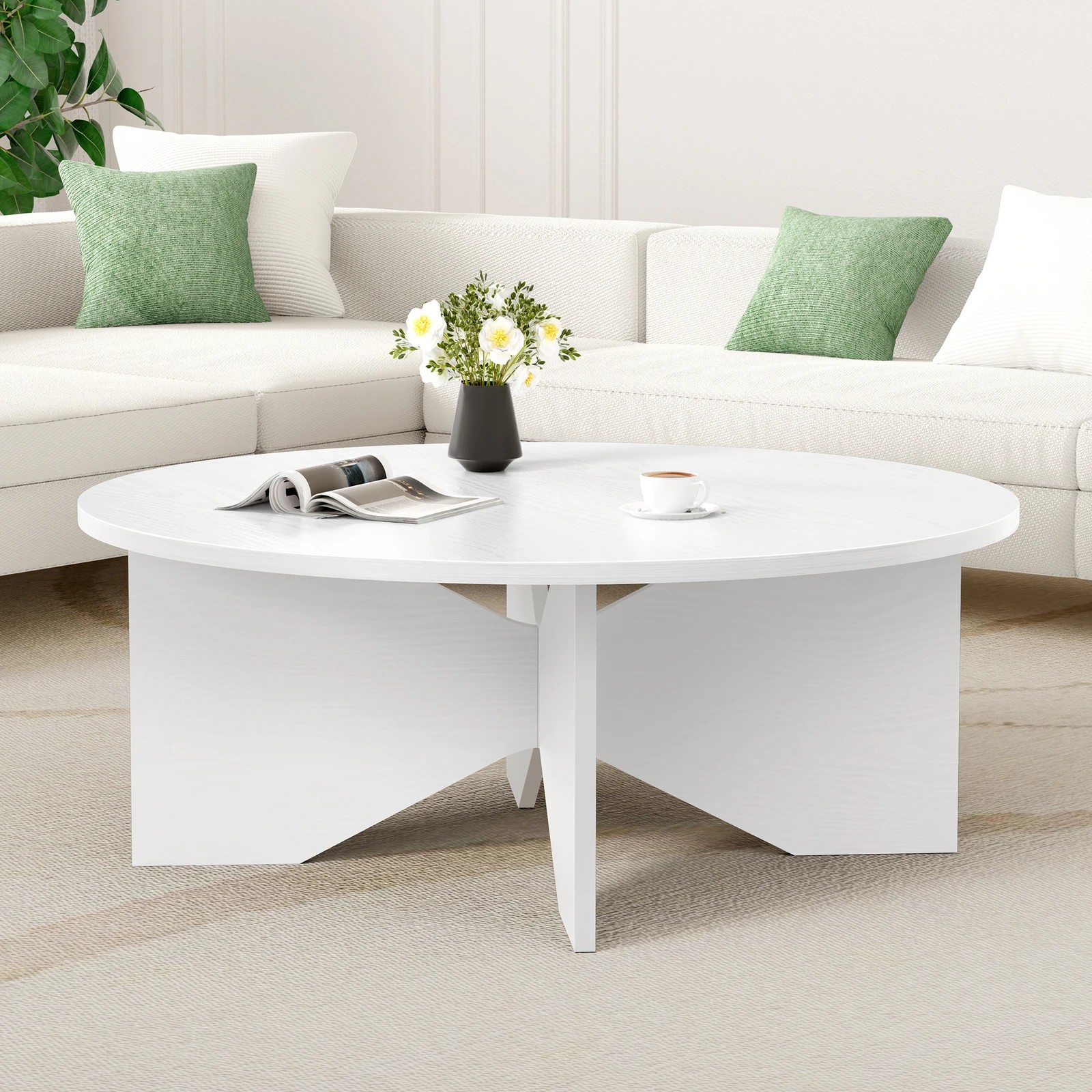 1 Alfordson Coffee Table Modern Round Table X-shape Wooden Legs Living Room - Oak, 1 of 10