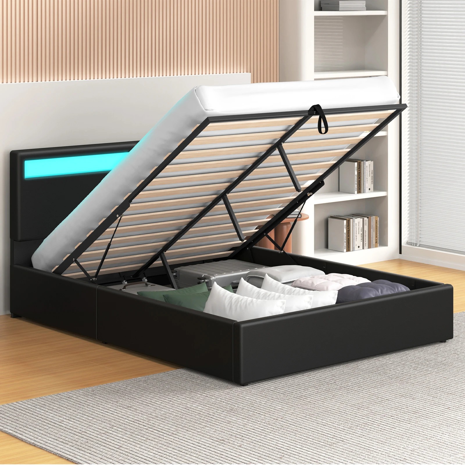 4 Alfordson Bed Frame Queen Size RGB LED Gas Lift Storage Base Luchino - Black, 4 of 10
