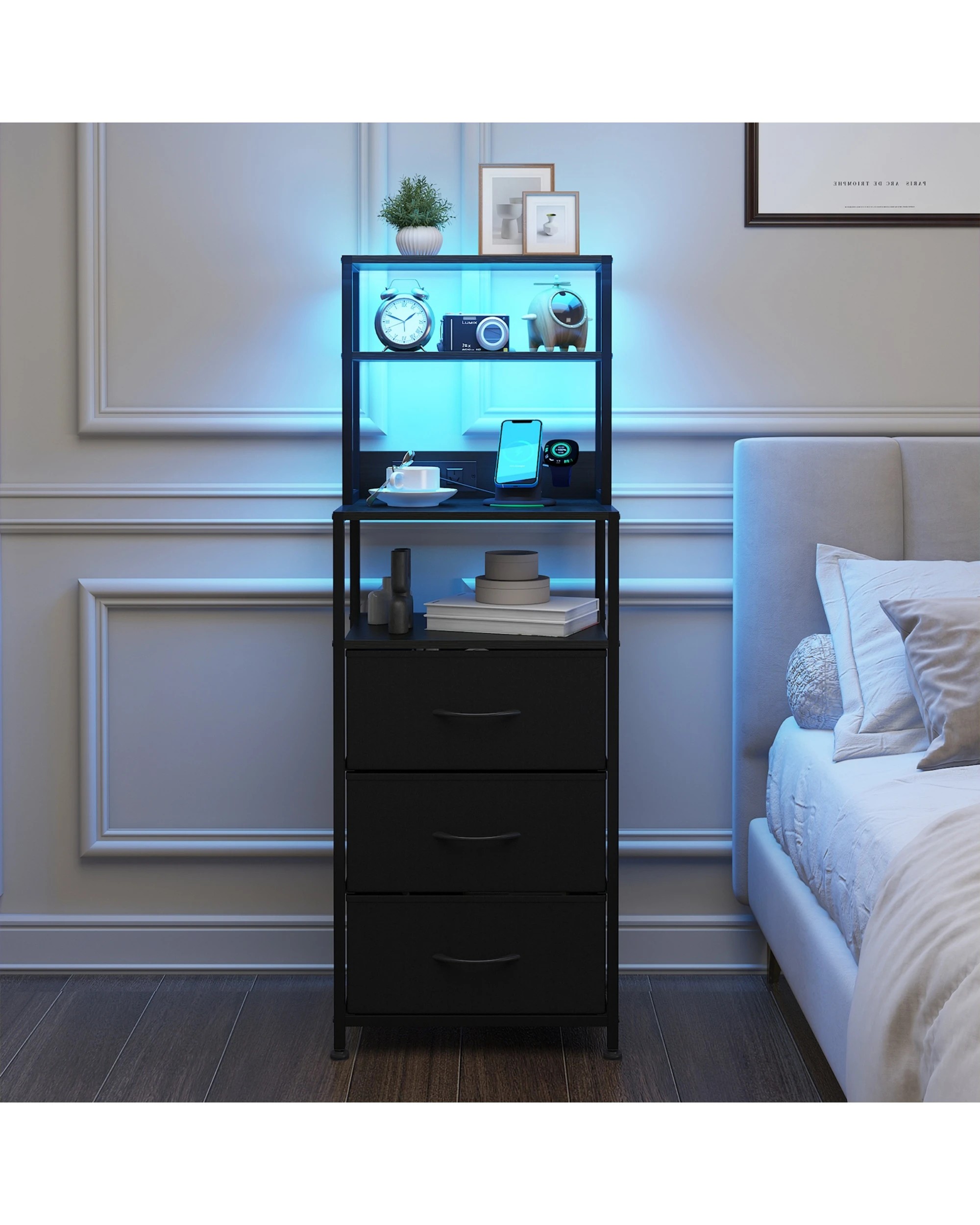 5 Advwin Set of 2 Led Bedside Table with Charging Station 3 Fabric Drawers - Black, 5 of 8