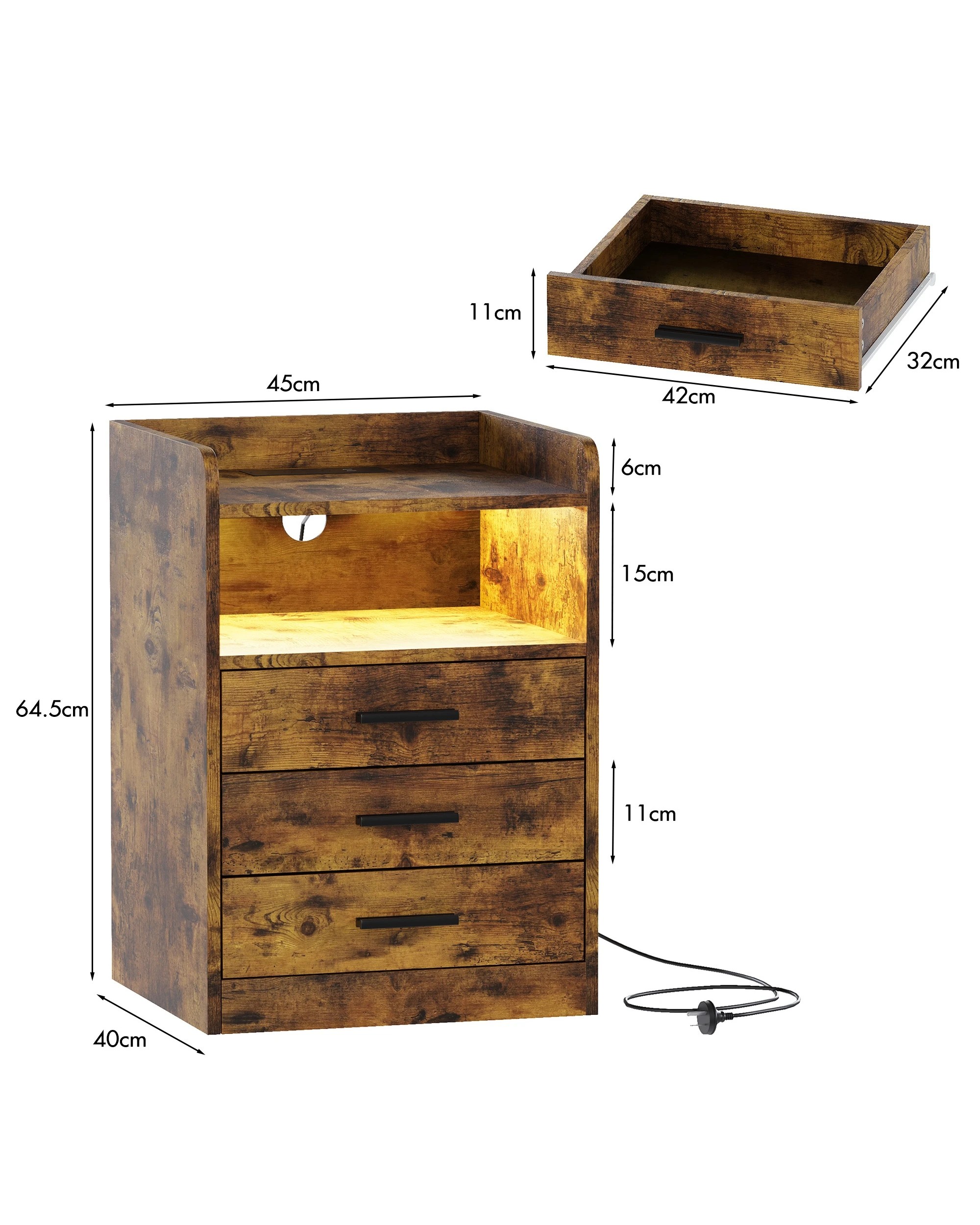 3 Advwin Bedside Table Set Of 2 Rgb Led Light Charging Station 3 Drawers - Brown, 3 of 9