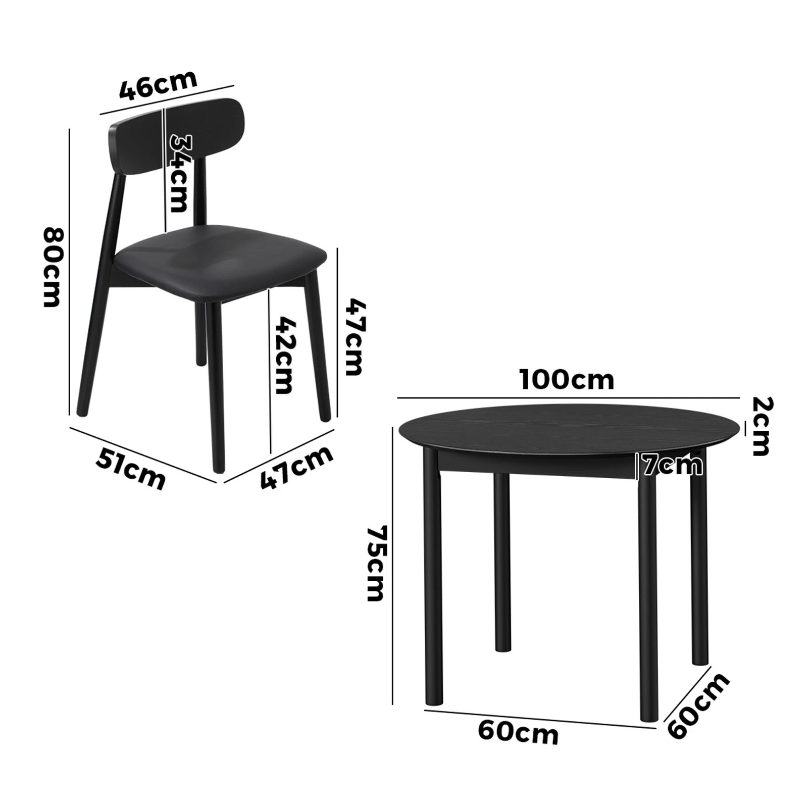 2 Oikiture 5PCS Dining Table Set 100cm Round Table 4 Rubberwood Dining Chairs - Black, 2 of 9