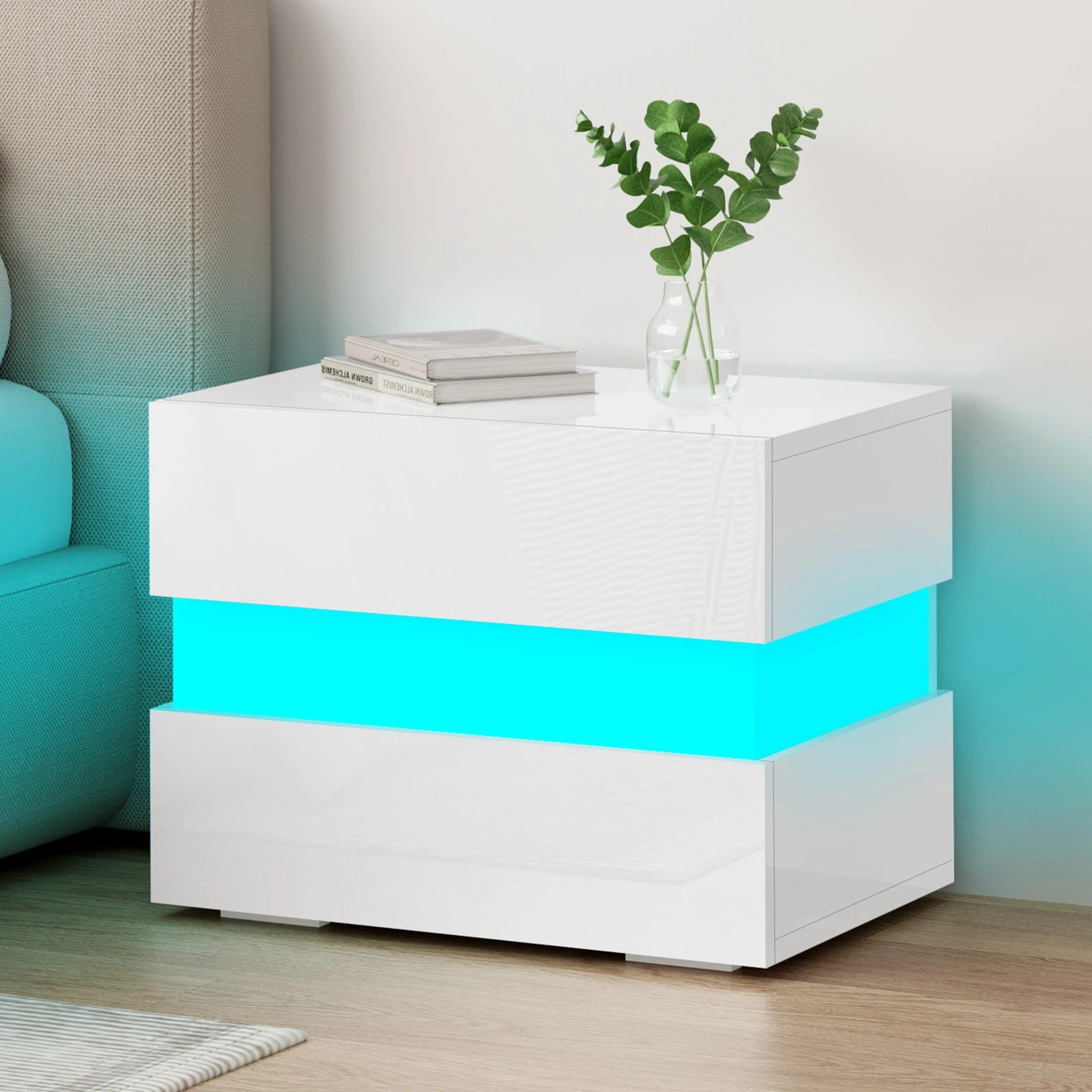 1 Alfordson Bedside Table RGB LED Nightstand 2 Drawers 4 Side High Gloss - White, 1 of 10