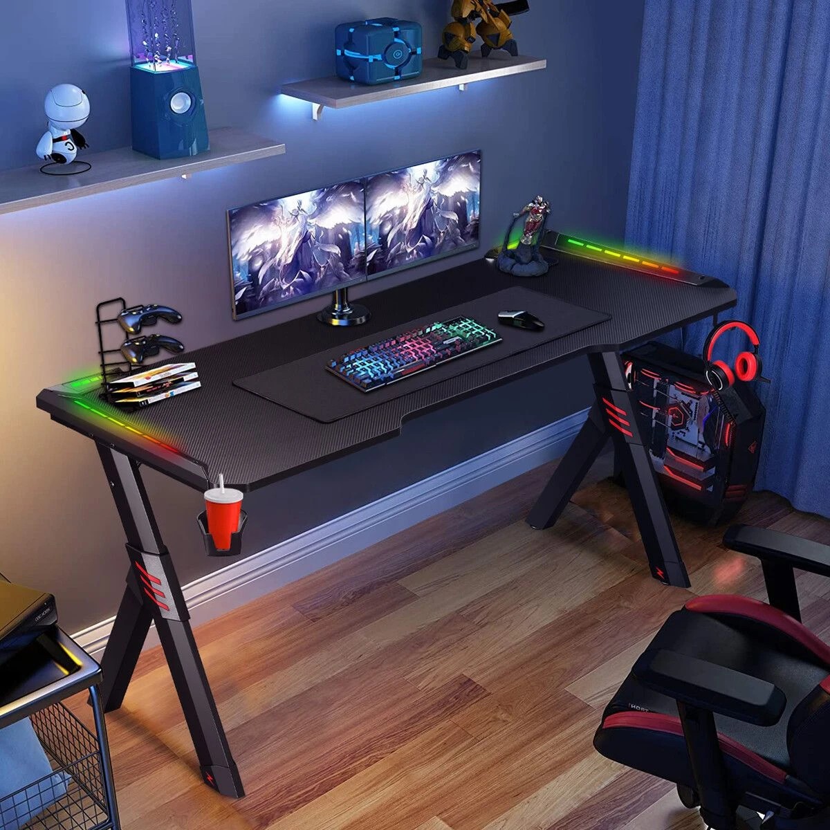 2 Ausway Gaming Desk Computer Office Racer Table 140CM RGB LED Carbon Fiber, 2 of 4
