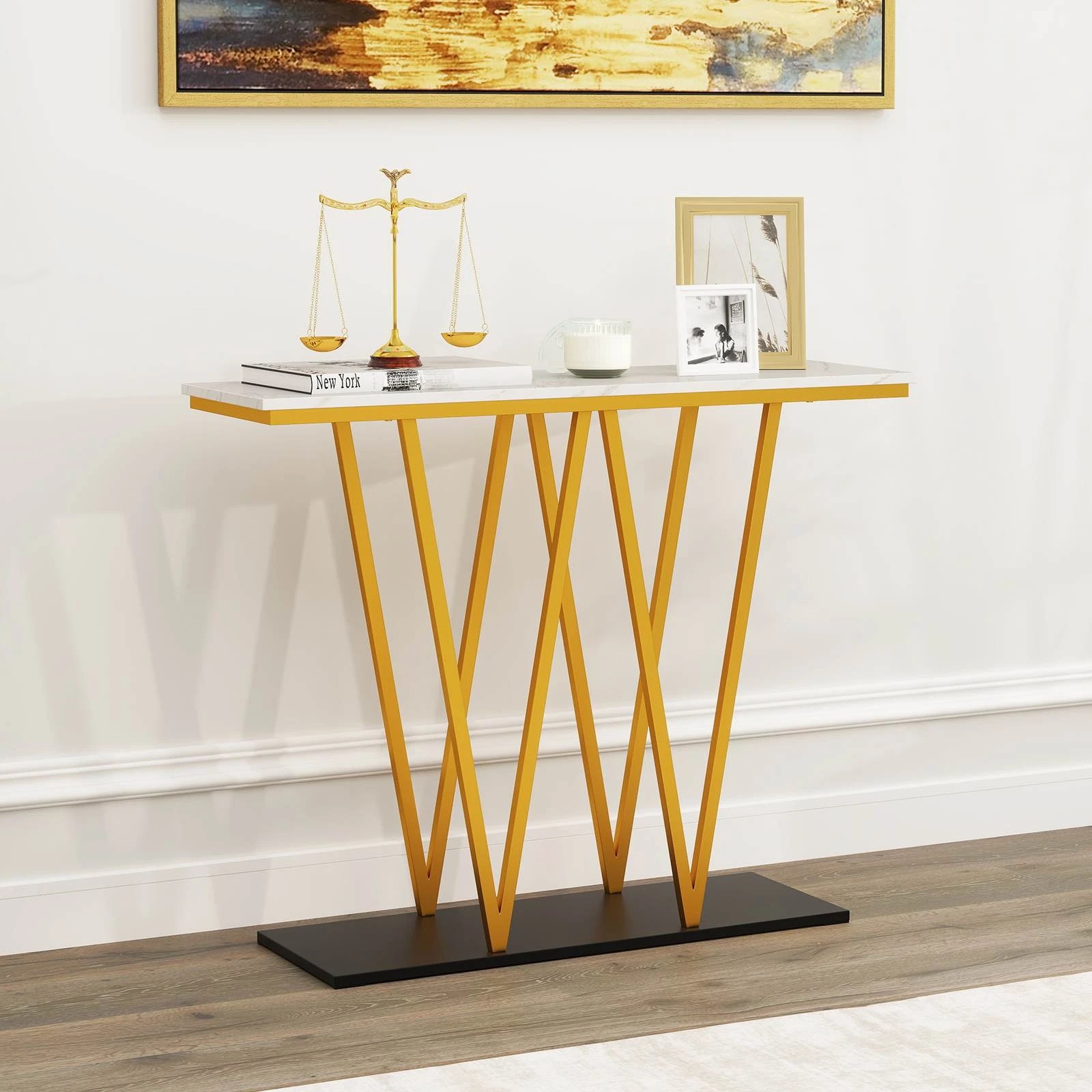 3 Costway Gold Entryway Table 100cm Modern Console Table w/Faux Marble Top, 3 of 4