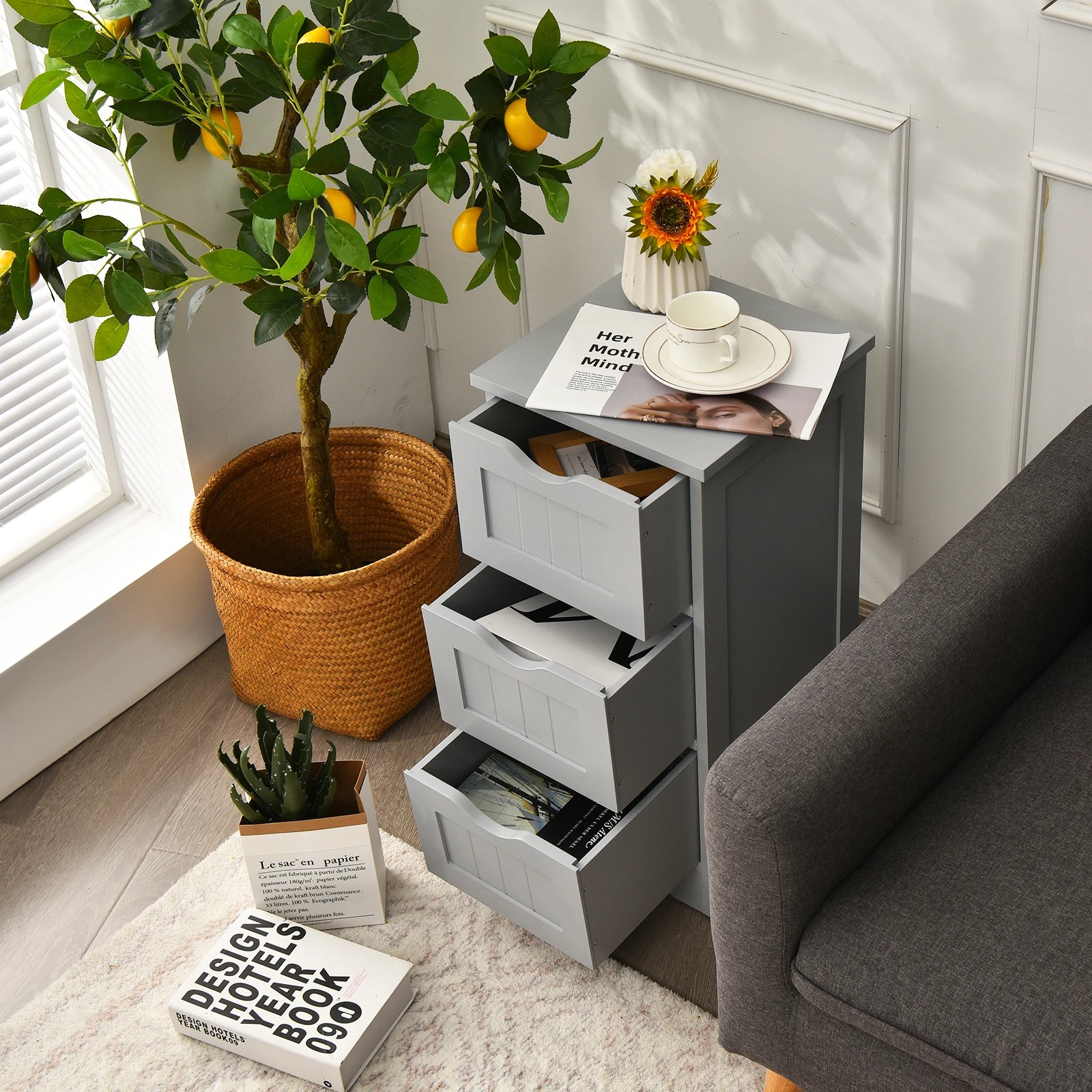 5 Costway 3-Drawers Storage Cabinet Freestanding Beside Table - Grey, 5 of 5