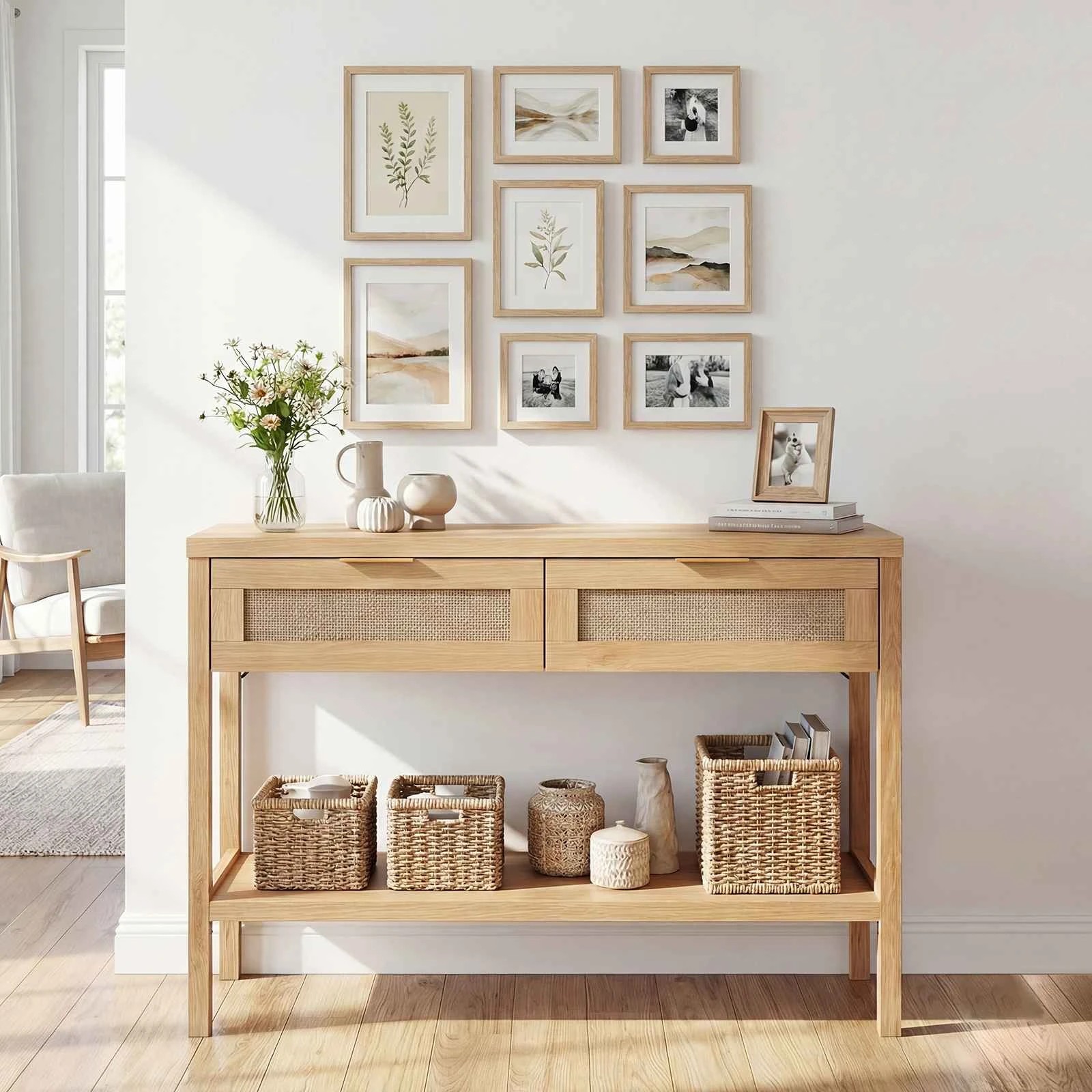 4 Costway Rattan Console Table Narrow Sofa Side Table w/2 Drawers, 4 of 6