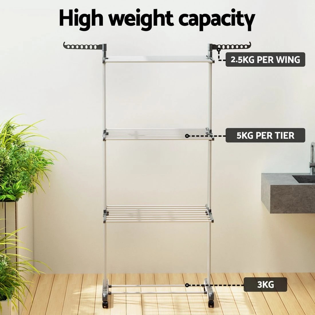 7 Artiss Clothes Drying Rack 173cm Coat Airer Hanger Foldable Portable Indoor Outdoor Space Saving Lockable Wheels - Grey, 7 of 8