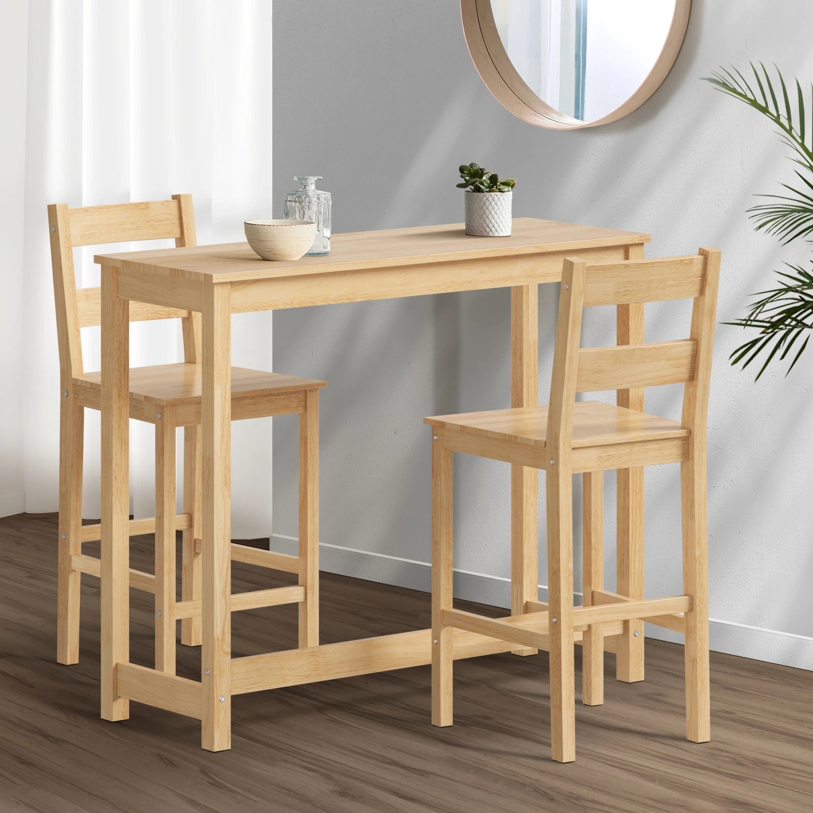 2 Oikiture 3pcs Bar Table Set 2 Stools Chairs Kitchen Dining Cafe Tables
 - Natural, 2 of 10