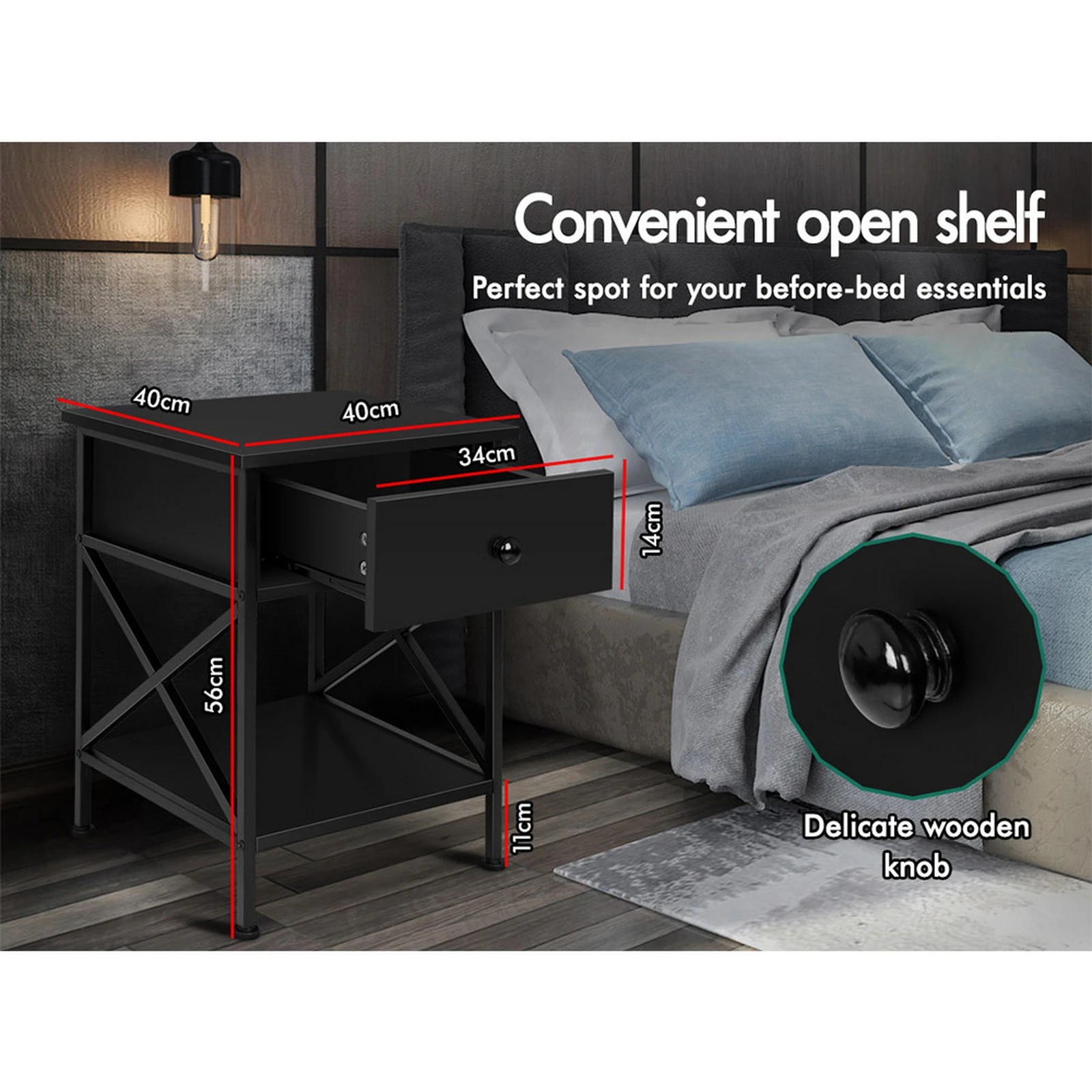 8 Alfordson Bedside Table Retro Wooden Nightstand Vintage Storage Side Cabinet - Black, 8 of 10