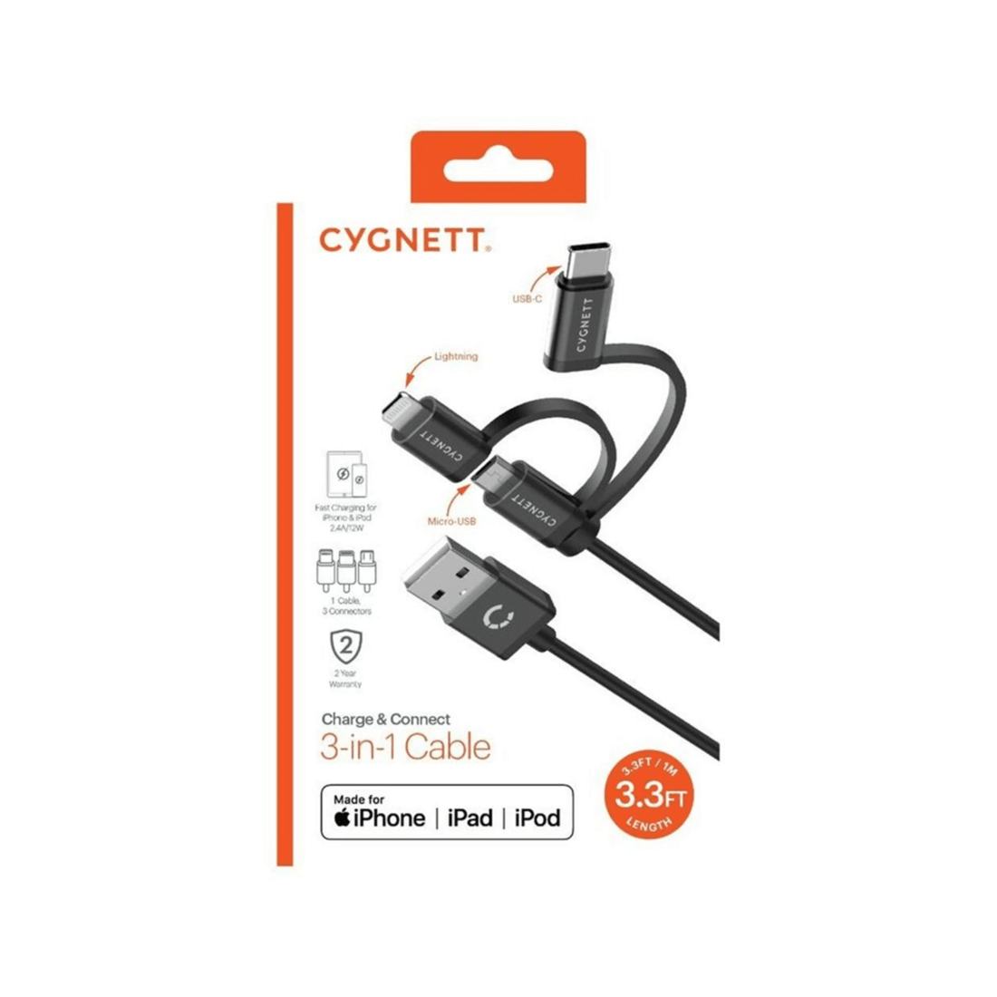 2 Cygnett - Charge and Connect 1m 3-in-1 Cable - Black, 2 of 2