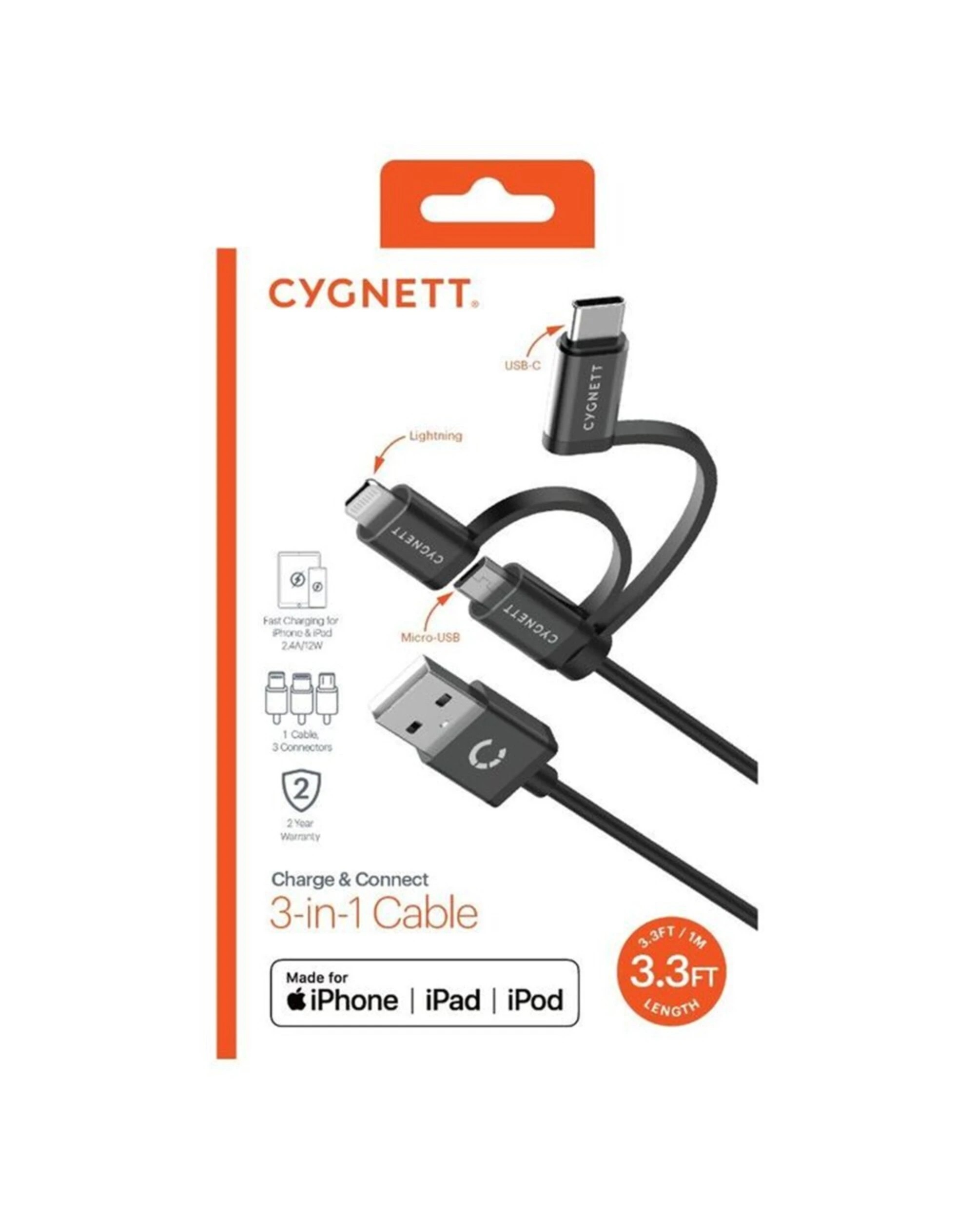 2 Cygnett - Charge and Connect 1m 3-in-1 Cable - Black, 2 of 2