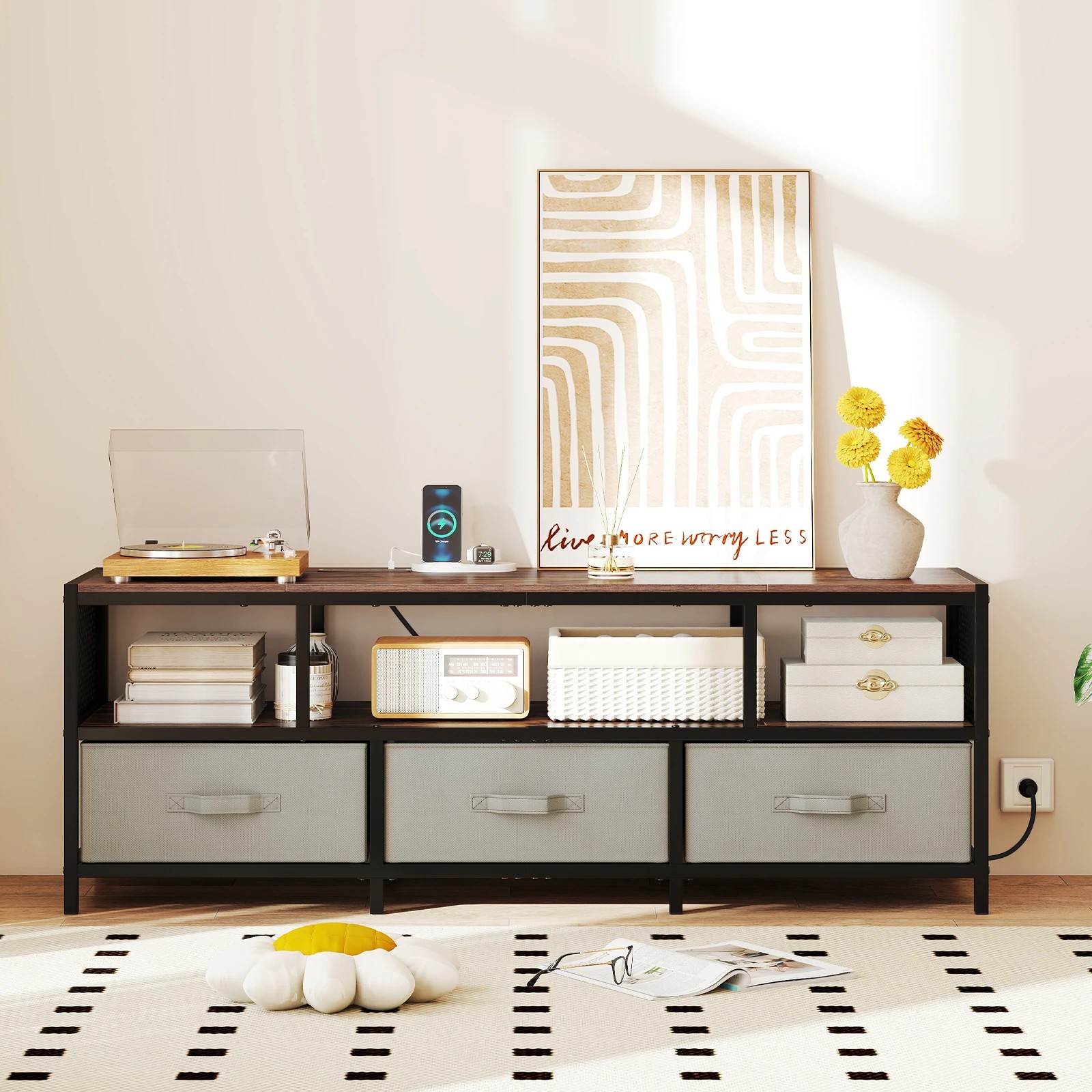 1 Costway TV Cabinet 3-Tier Entertain Unit w/Power Outlets for TVs up to 65” Storage Center - Natural, 1 of 4
