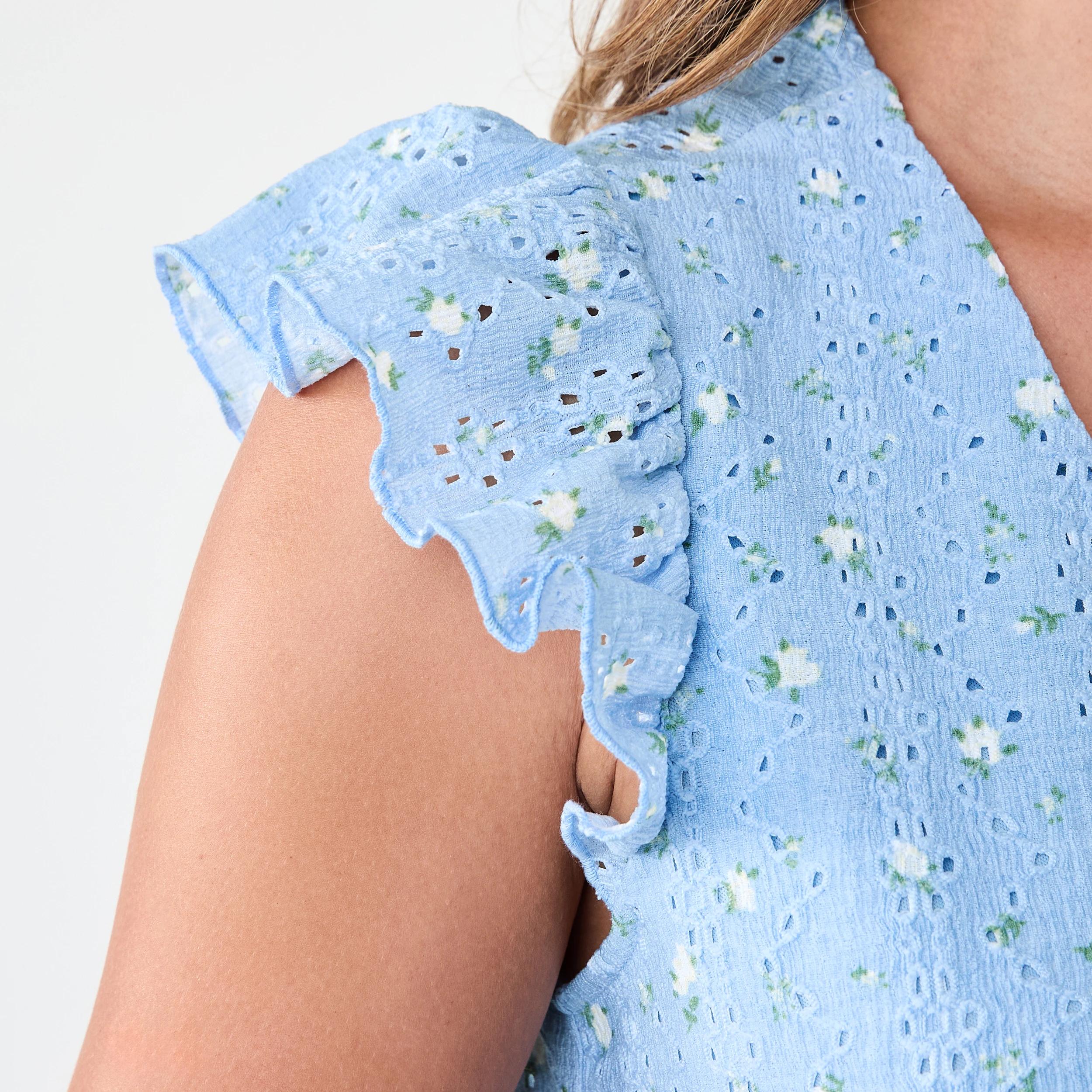 6 Sleeveless Broderie V-Neck Mini Dress Blue Ditsy, 6 of 8