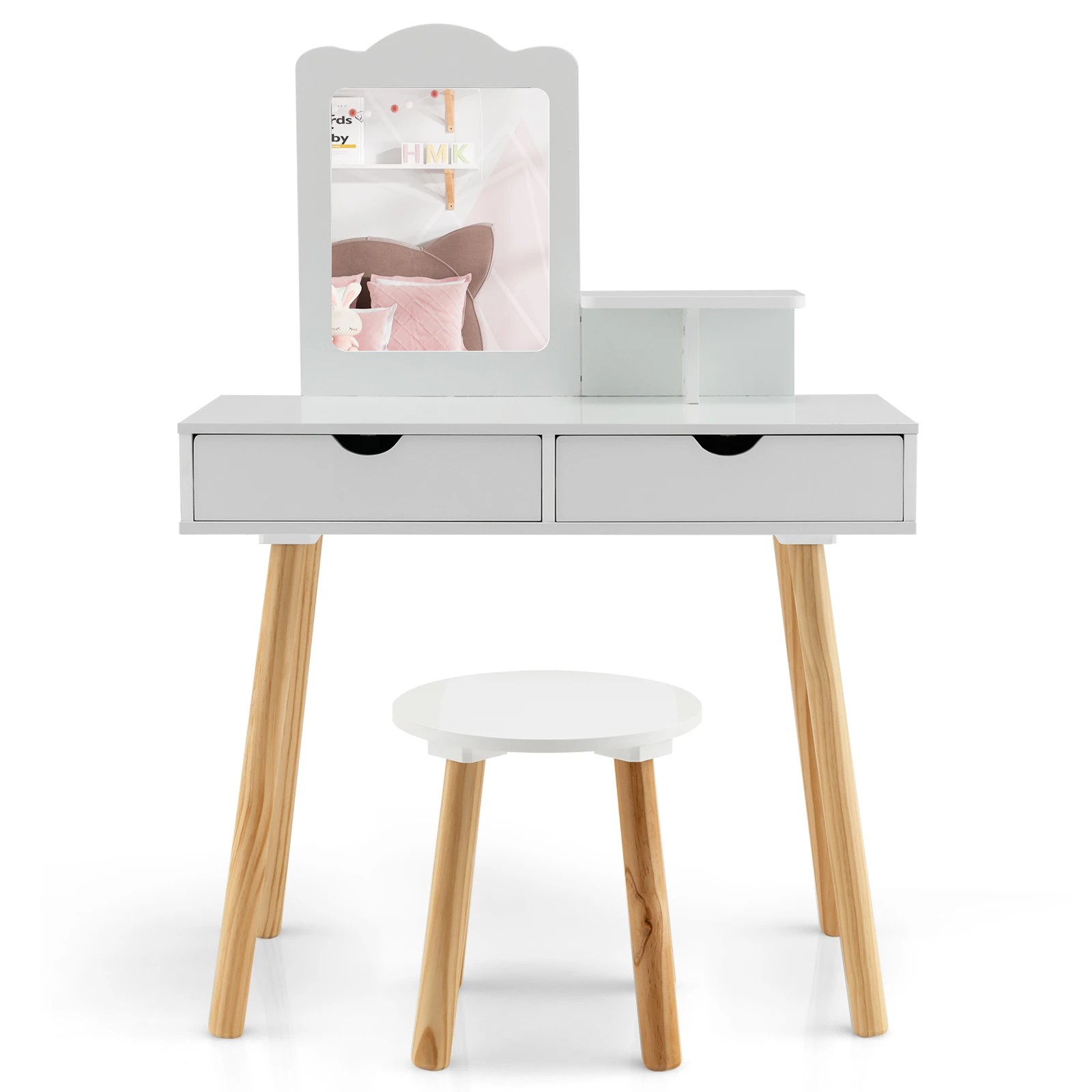 1 Costway Vanity Table Dressing Table Chair Set Princess Pretend Playset w/Mirror - White, 1 of 2
