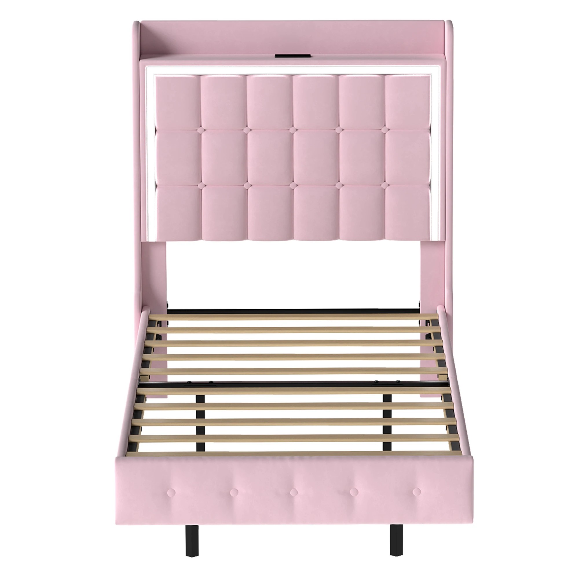 2 Levede Single Bed Frame with LED and Charging Station - Pink, 2 of 9