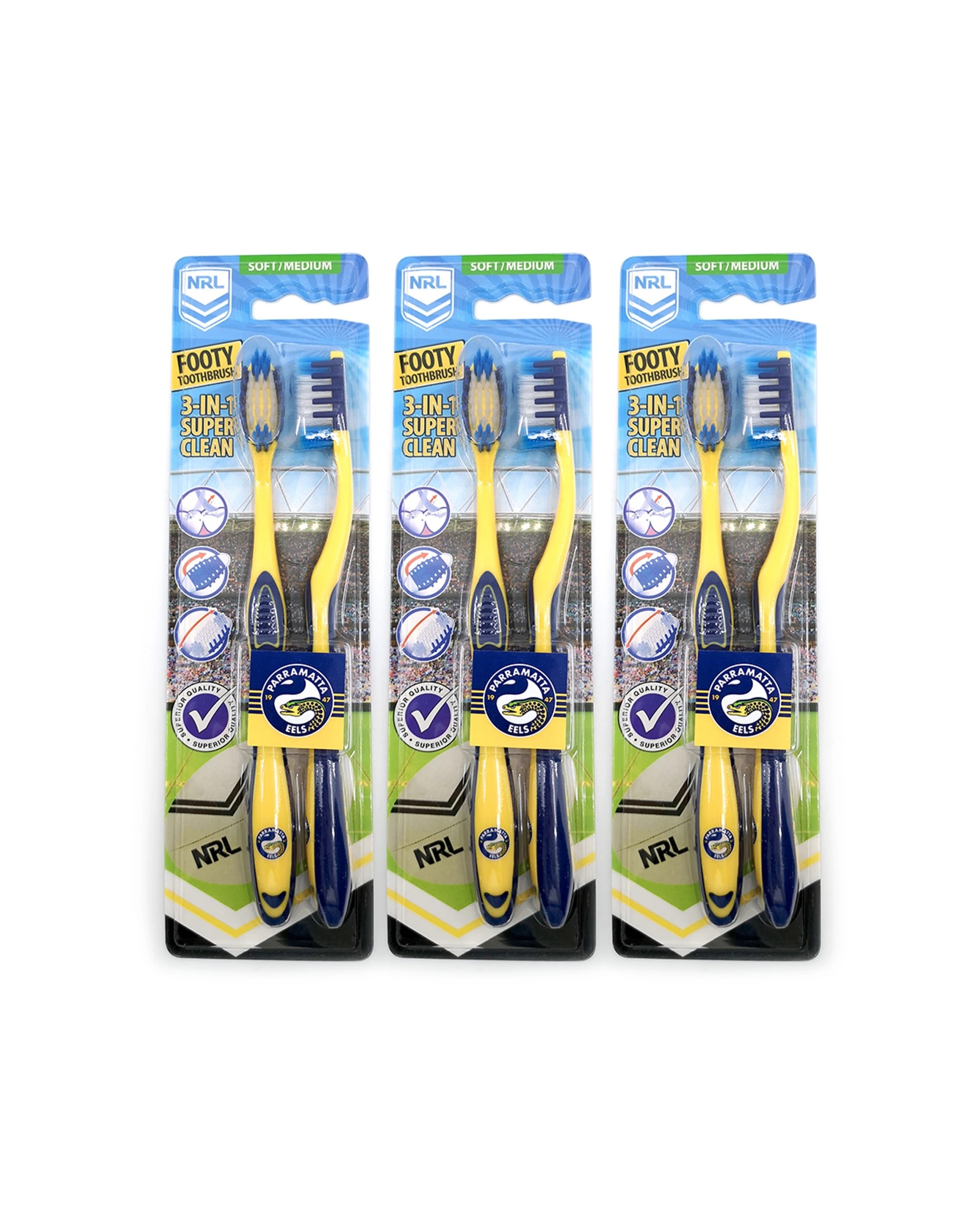 1 NRL 3x 2pc Parramatta Eels Soft/Medium Toothbrush Kids/Adults Oral Care - Multi, 1 of 1