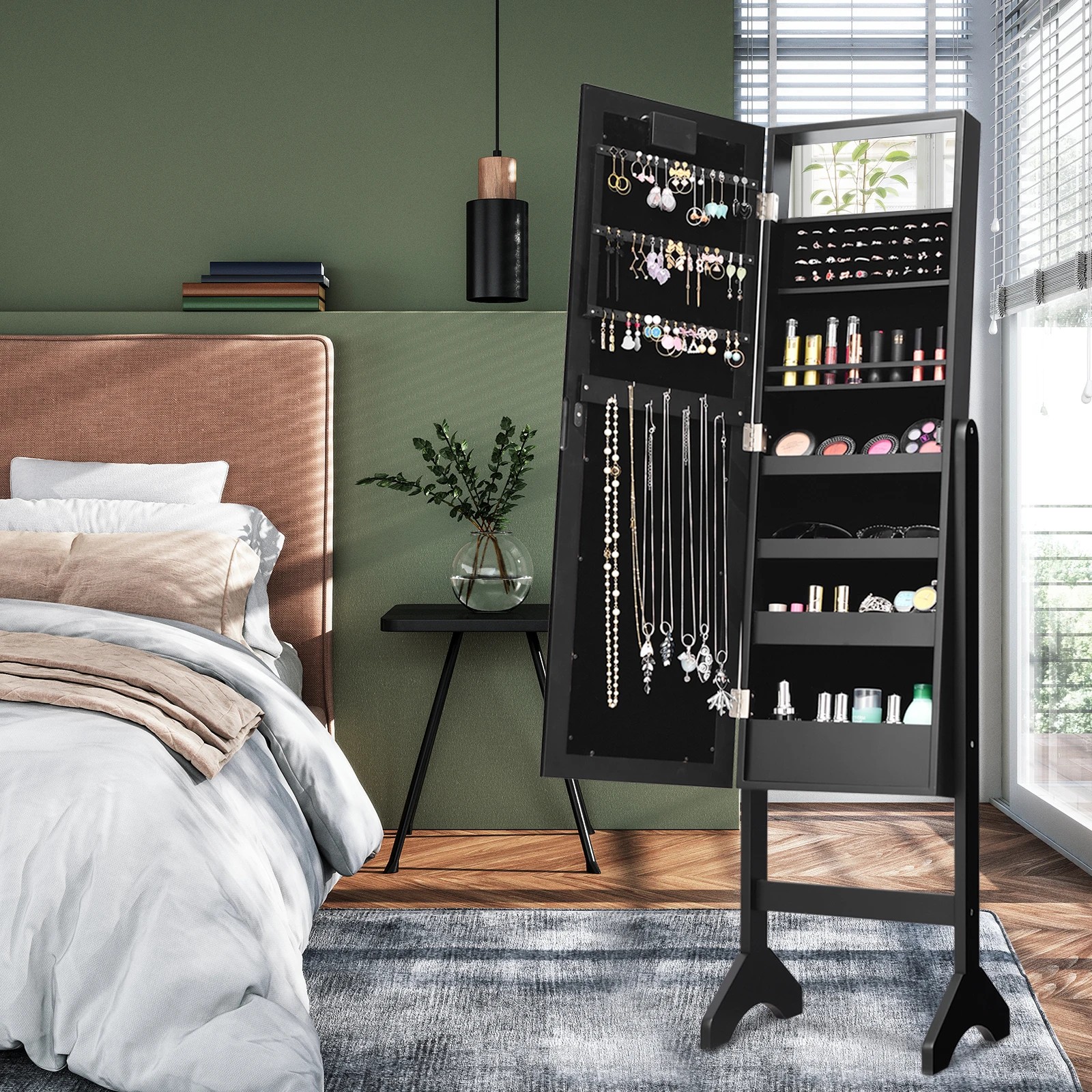 2 Costway Mirror Jewellery Cabinet Wooden Jewelry Organiser Box Makeup Cosmetics Storage - Black, 2 of 4