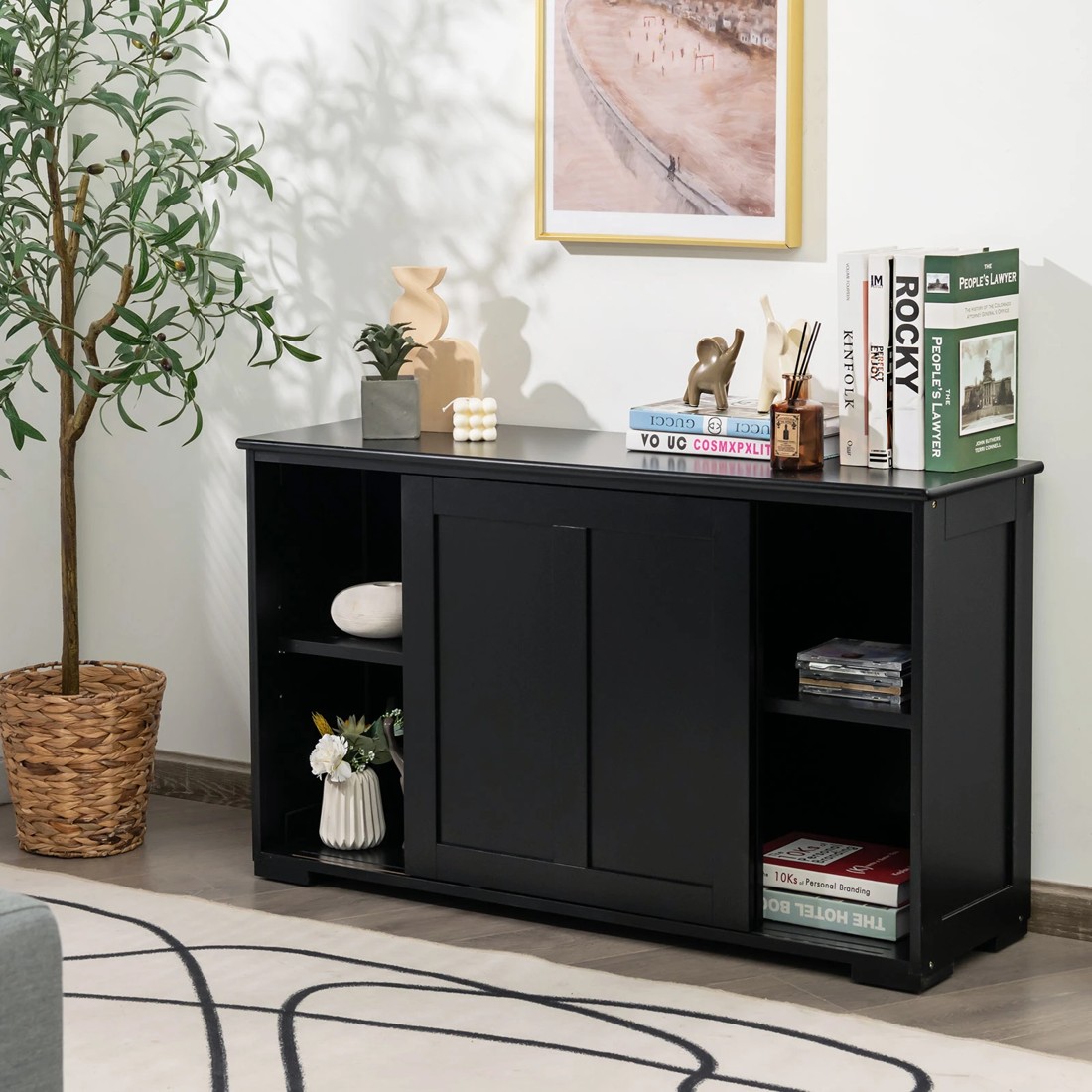 3 Costway Kitchen Buffet Sideboard Sliding Doors Black, 3 of 6