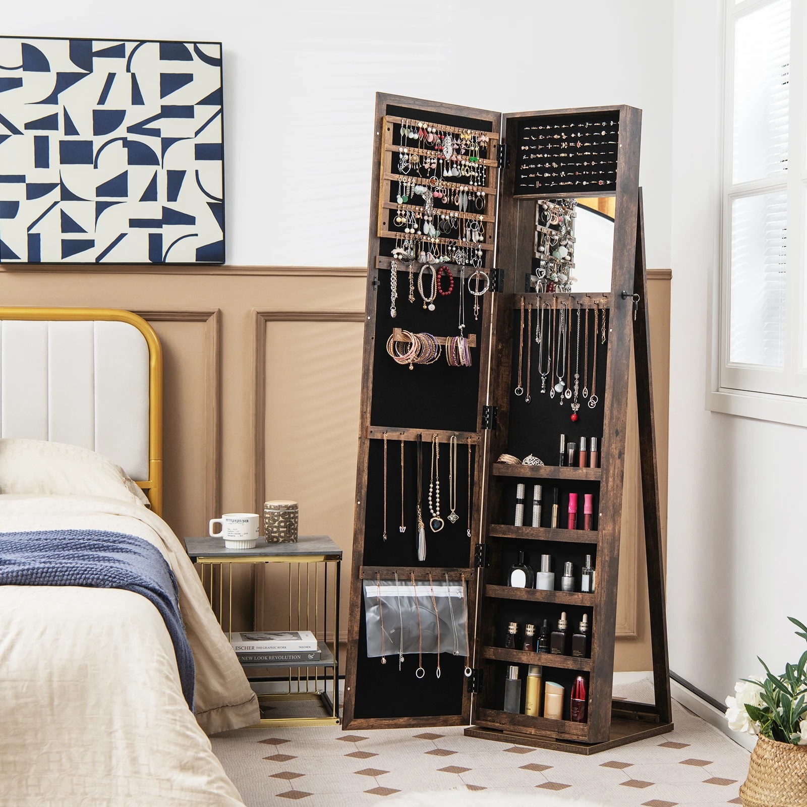 3 Costway 2-in-1 Jewellery Cabinet Jewelry Armoire Lockable Jewelry Storage Organizer Box - Brown, 3 of 5