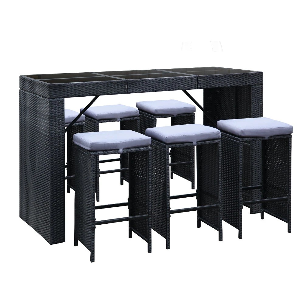 1 Gardeon 7-Piece Outdoor Bar Set Dining Table Stools Wicker Patio - Black, 1 of 8