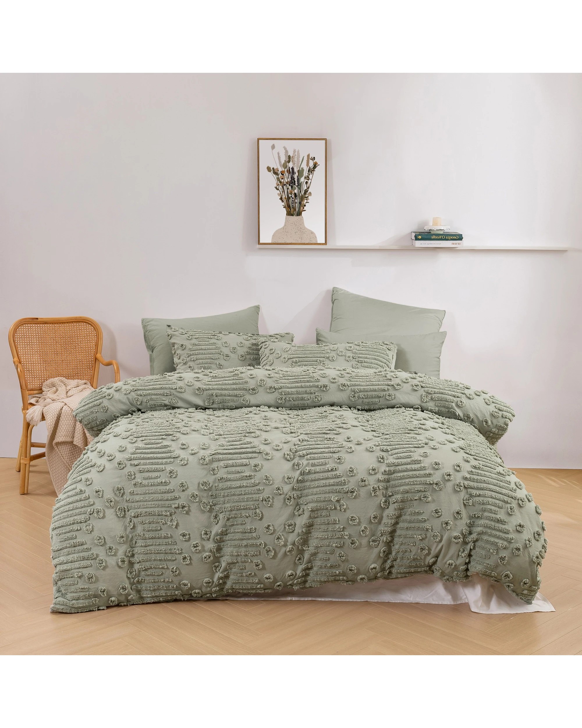 1 Dreamaker Fletcher Ultrafine Tufted Chenille Quilt Cover Set - King Single Bed - Sage, 1 of 7