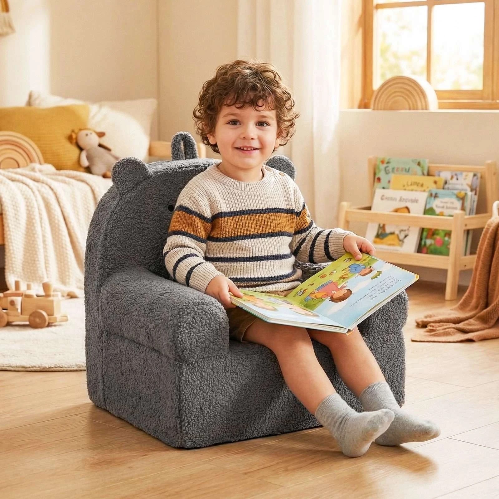 2 Costway Little Bear Sofa Foam Couch Cute Reading Chair Teddy Fleece Fabric - Grey, 2 of 2