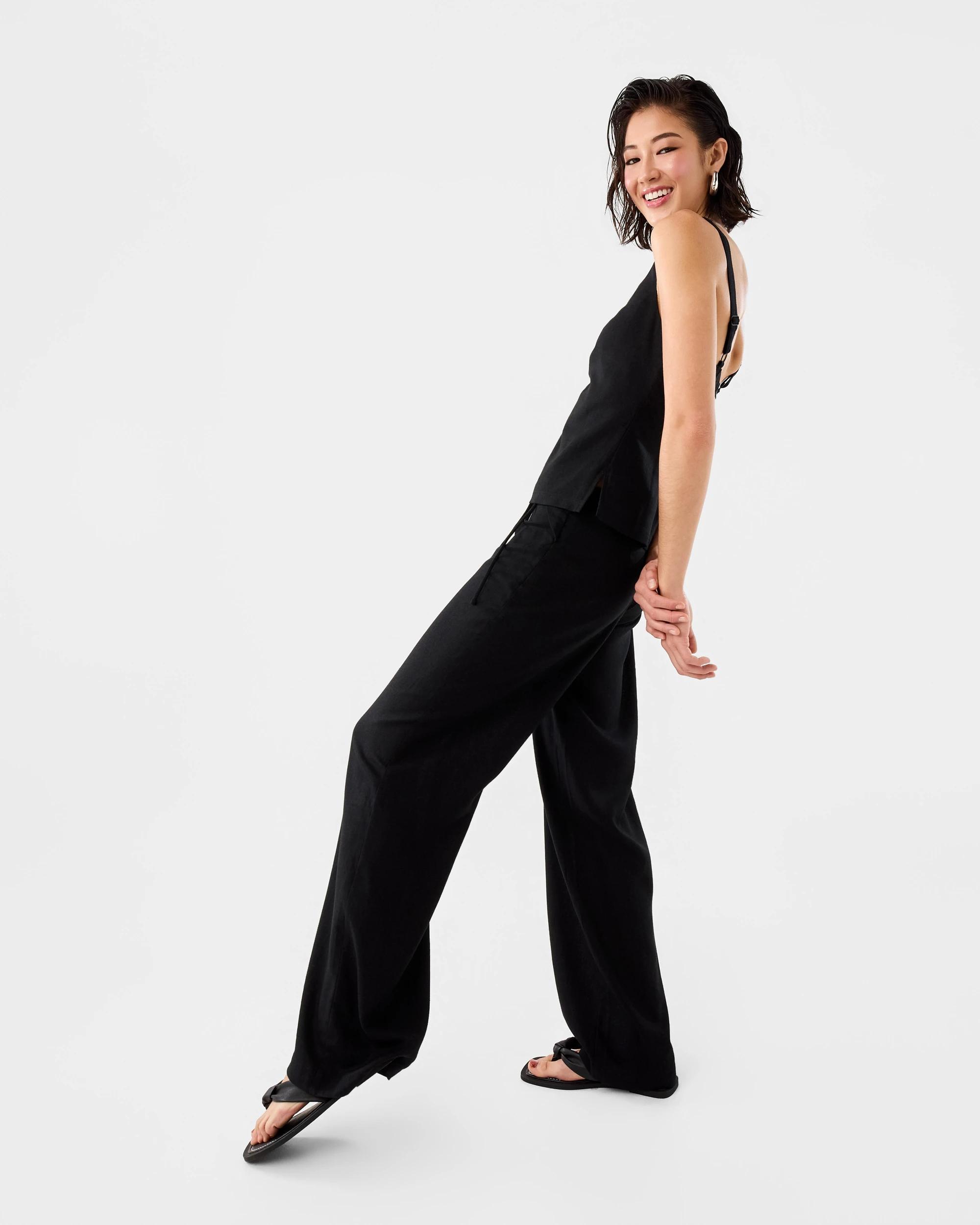 3 Linen Blend Tie Detail Pants Black, 3 of 7