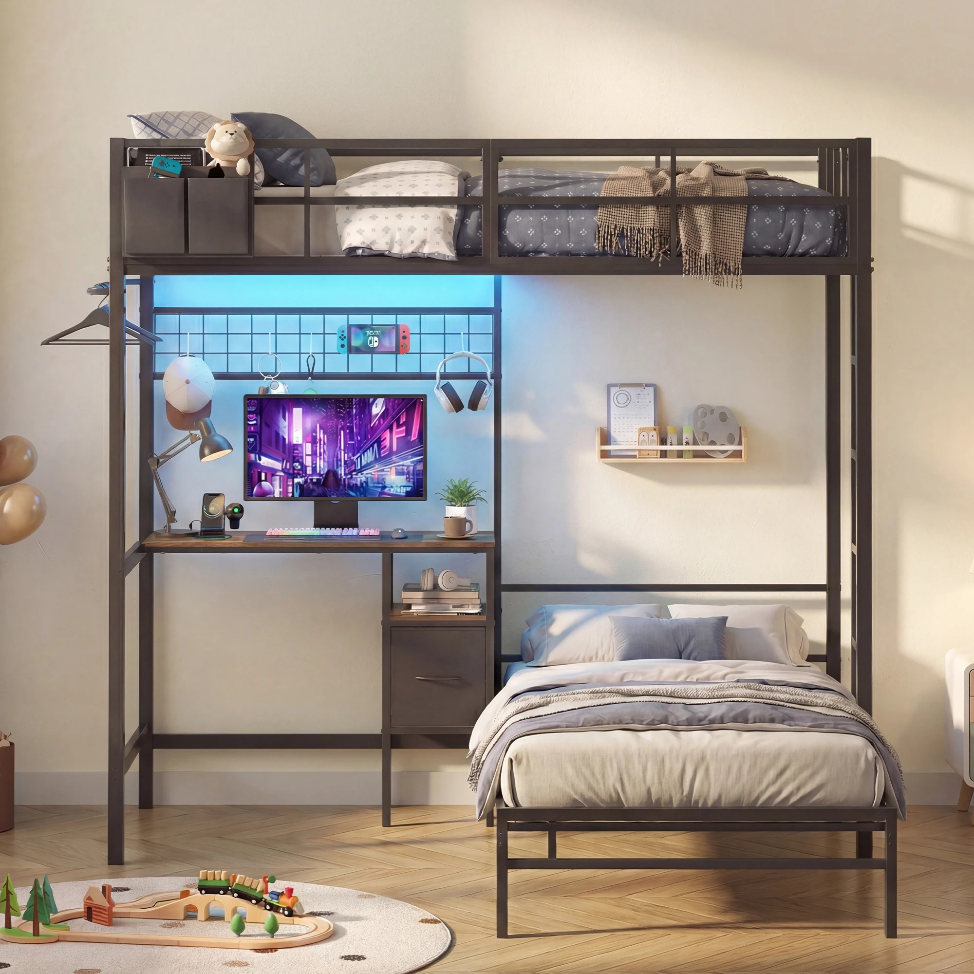 8 Advwin L-Shaped Bunk Bed with Desk Charging Station LED Light King Single - Black, 8 of 8